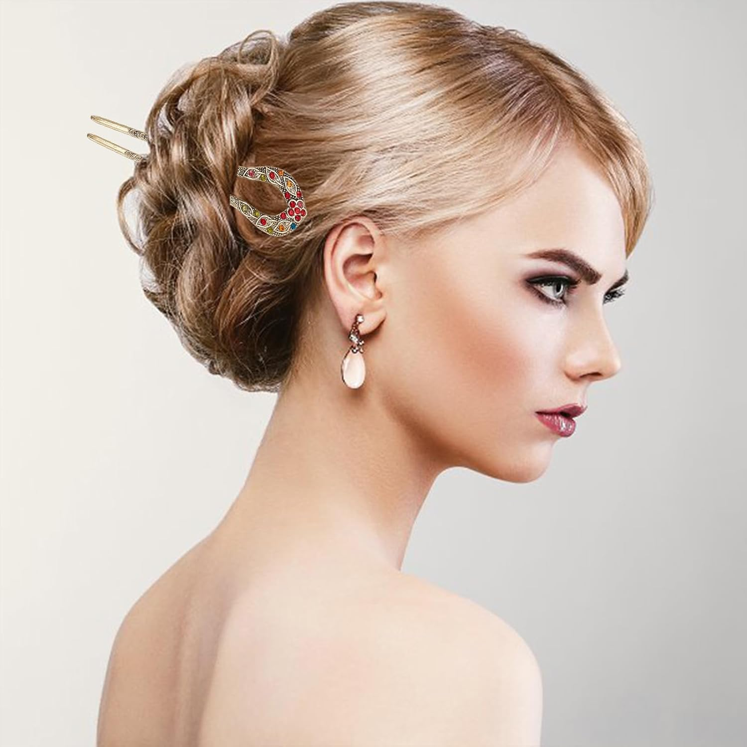 NICENEEDED 5 PCS Vintage U-Shaped Hair Forks, French Double Prong Rhinestone Crystal Hairpin, Classical Alloy Hair Accessories for Wedding Party Holiday Daily