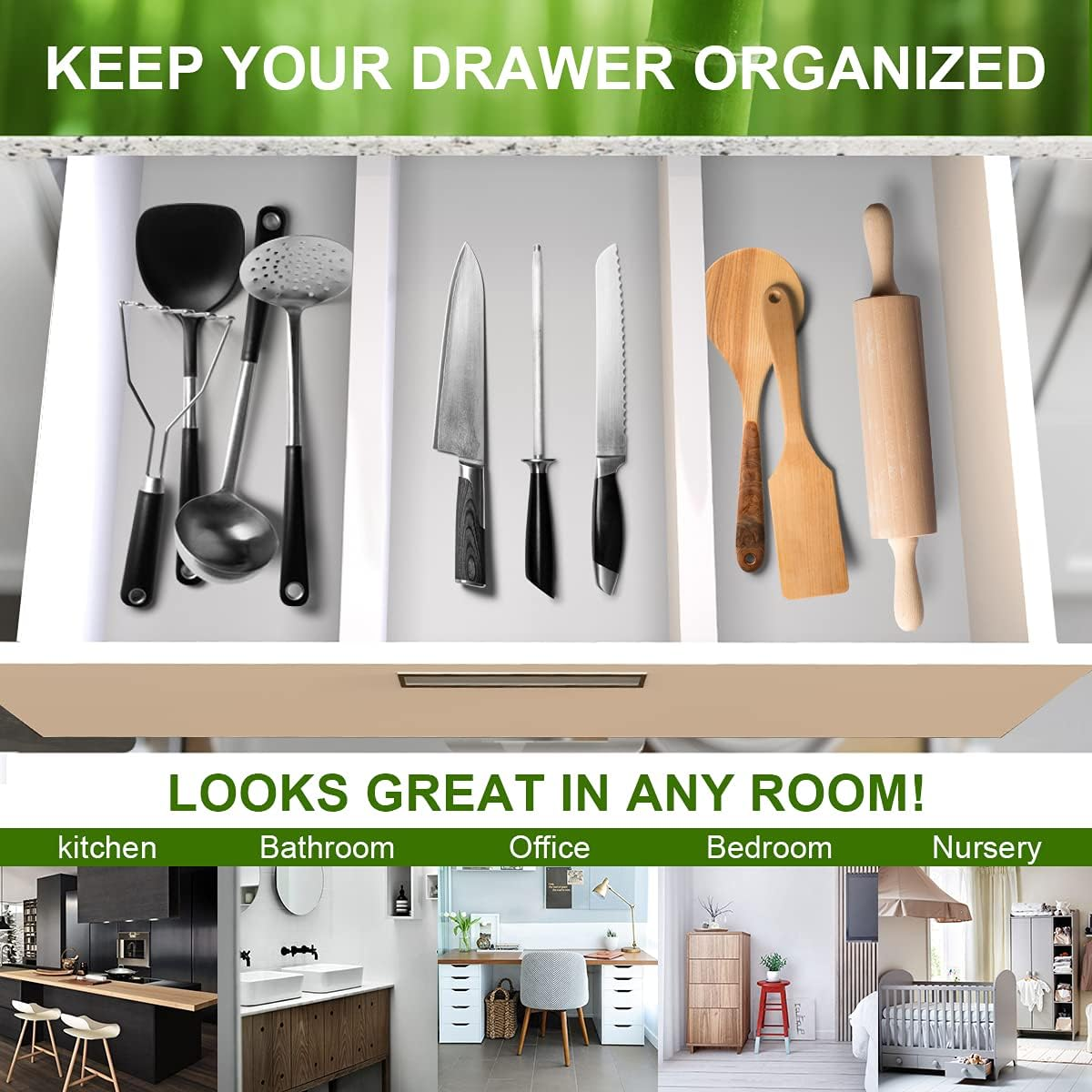 ANTOWIN Bamboo Drawer Dividers, Expandable Drawer Separators Splitter(43-56Cm), Adjustable Spring-Loaded Organizer for Large Utensil, Clothes, Tools Drawers(White) - Grey image number 3