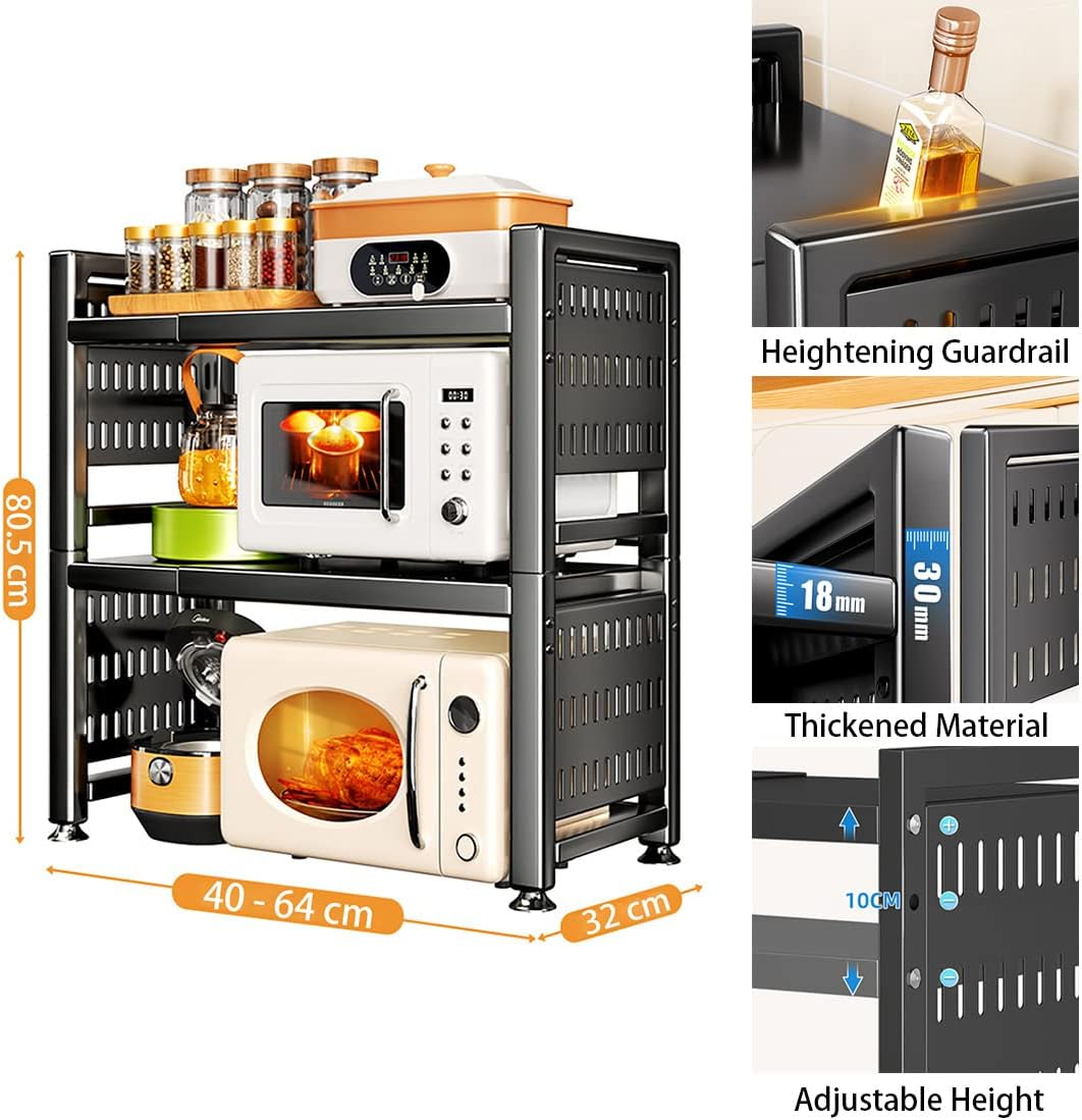 Microwave Oven Rack, 2-Tier Expandable Microwave Toaster Shelf with Utensil Holder, Adjustable Countertop Microwave Stand, Multi-Functional Carbon Steel over Microwave Shelf with 6 Hooks (Black) - Black image number 5