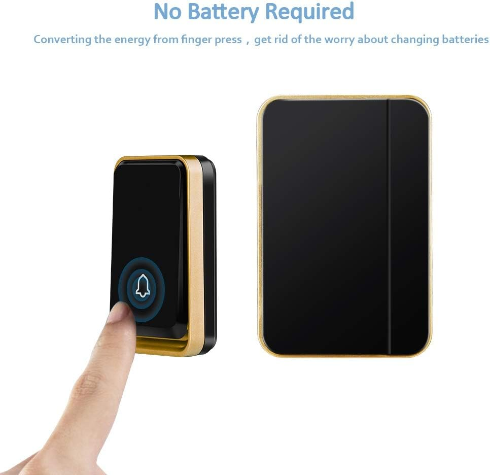 【No Battery Required】 Waterproof Wireless Doorbell, AURTEC Door Chime Kit with 2 Press Self-Powered Transmitter & 1 Plug-In Receivers, 51 Chimes and 4 Volume Levels, Black image number 2