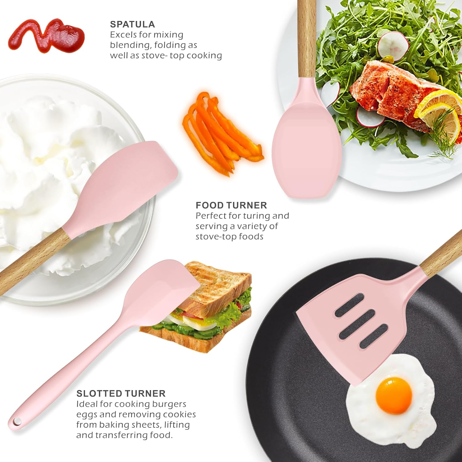 Silicone Kitchen Utensils Set - 446&deg;F Heat Resistant Cooking Utensil Sets, Spatula,Turner,Tongs,Spoon,Brush,Whisk, Wooden Handle Silicone Kitchen Gadgets Tools for Non-Stick Cookware BPA Free (Pink) - Colorful image number 2