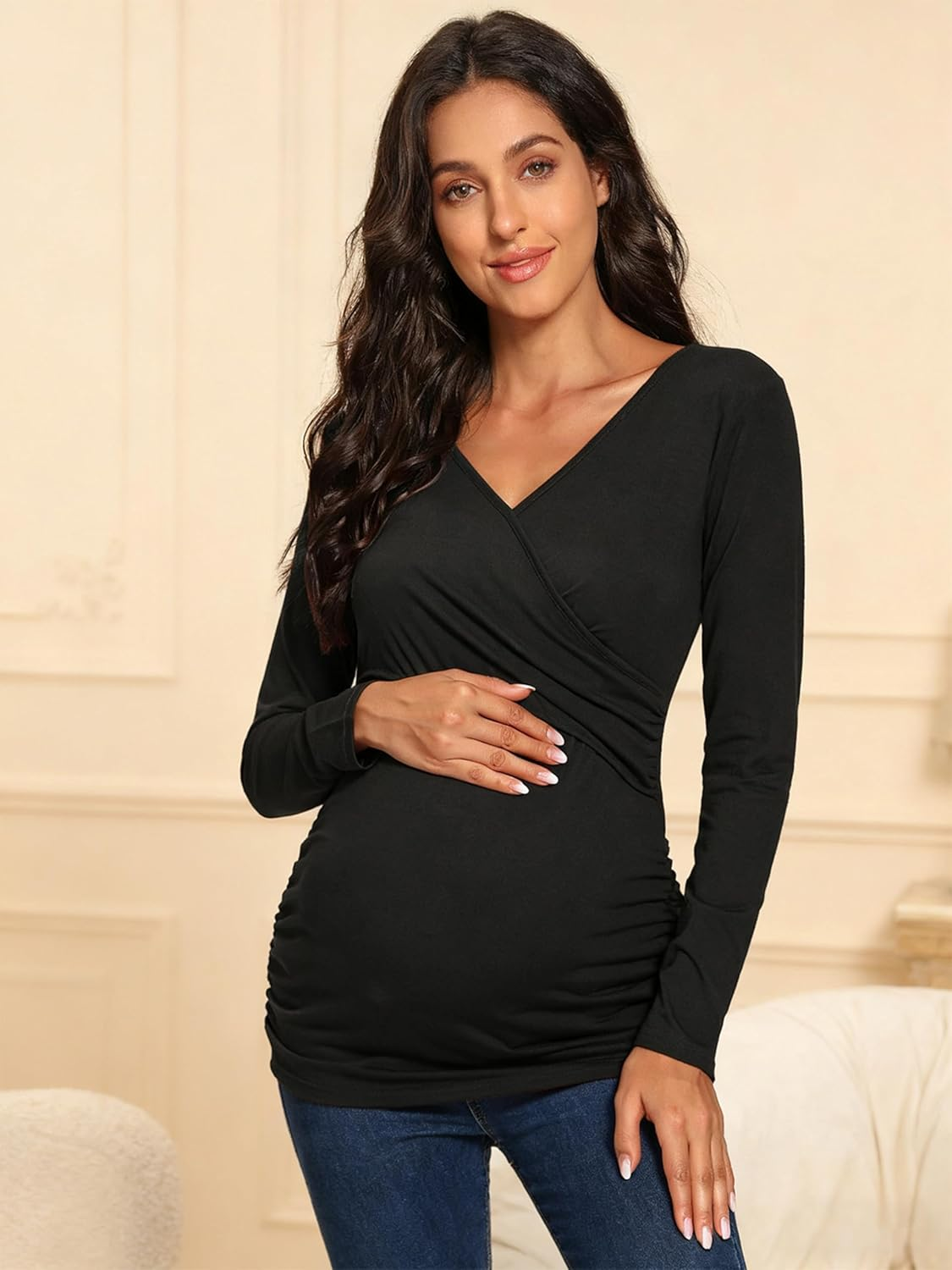 Glampunch Women'S Maternity Tops Long Sleeve Wrap Cross V Neck Nursing Tops for Breastfeeding Tee Shirts image number 3