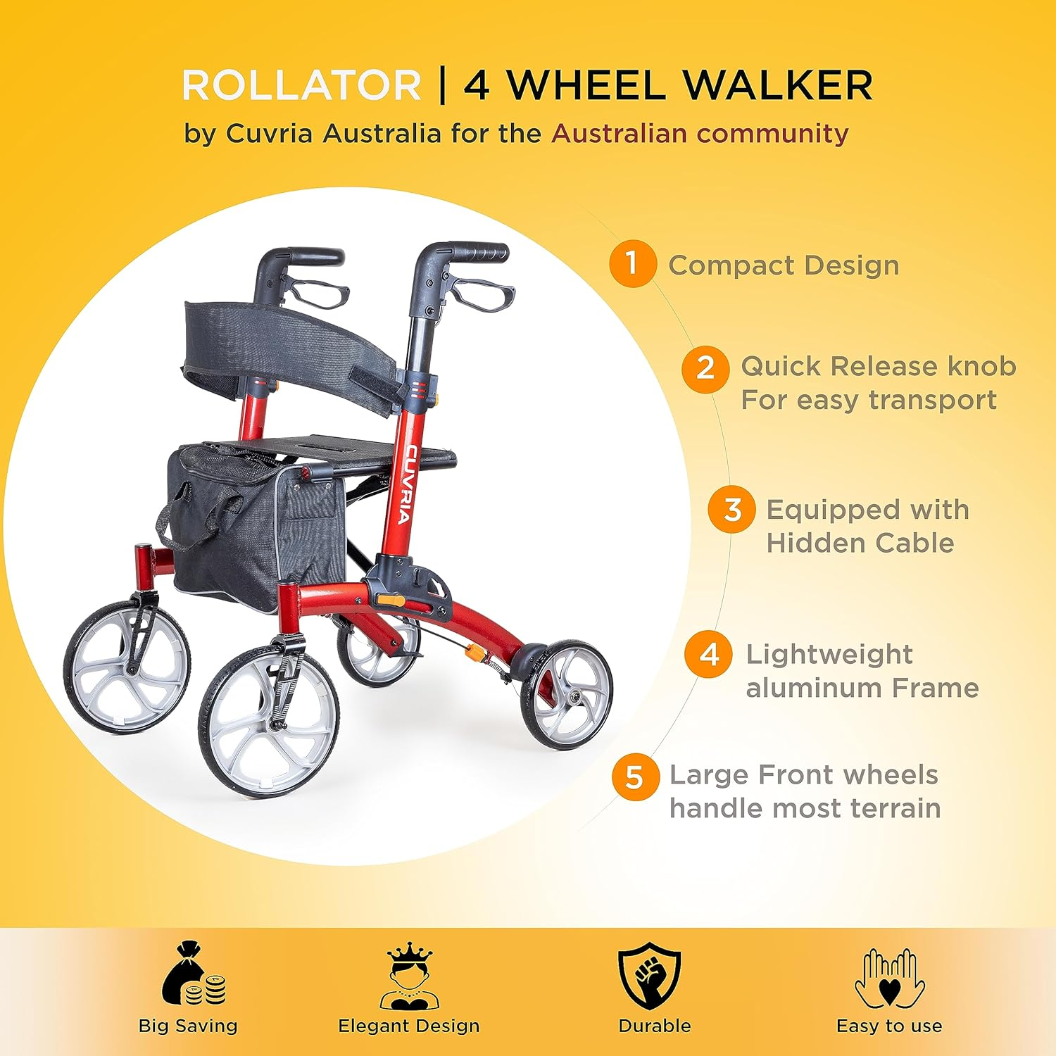 Australia Rollator|4 Wheel Walkers with Seat and Brakes for Seniors, Rollator Walker Seat, Backrest, Basket, Large Wheels- Easy Folding Senior Lightweight Mobility Walking Aid Adult RED - Hybrid Red image number 1