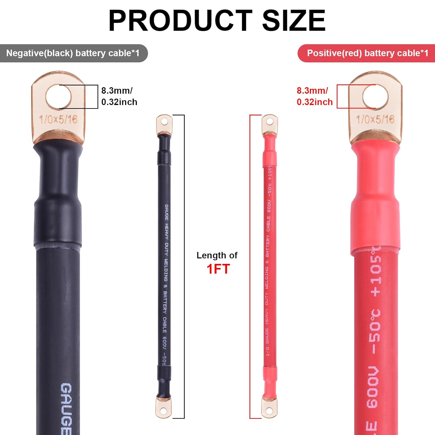 Igreely 1/0 AWG Gauge Battery Cable, 1Ft/30Cm Pure Copper Battery Power Cables with 5/16&rdquo; Heavy Duty Lugs for Solar Automotive RV Marine Boat,Diy for Replacement Parts & Accessories image number 6