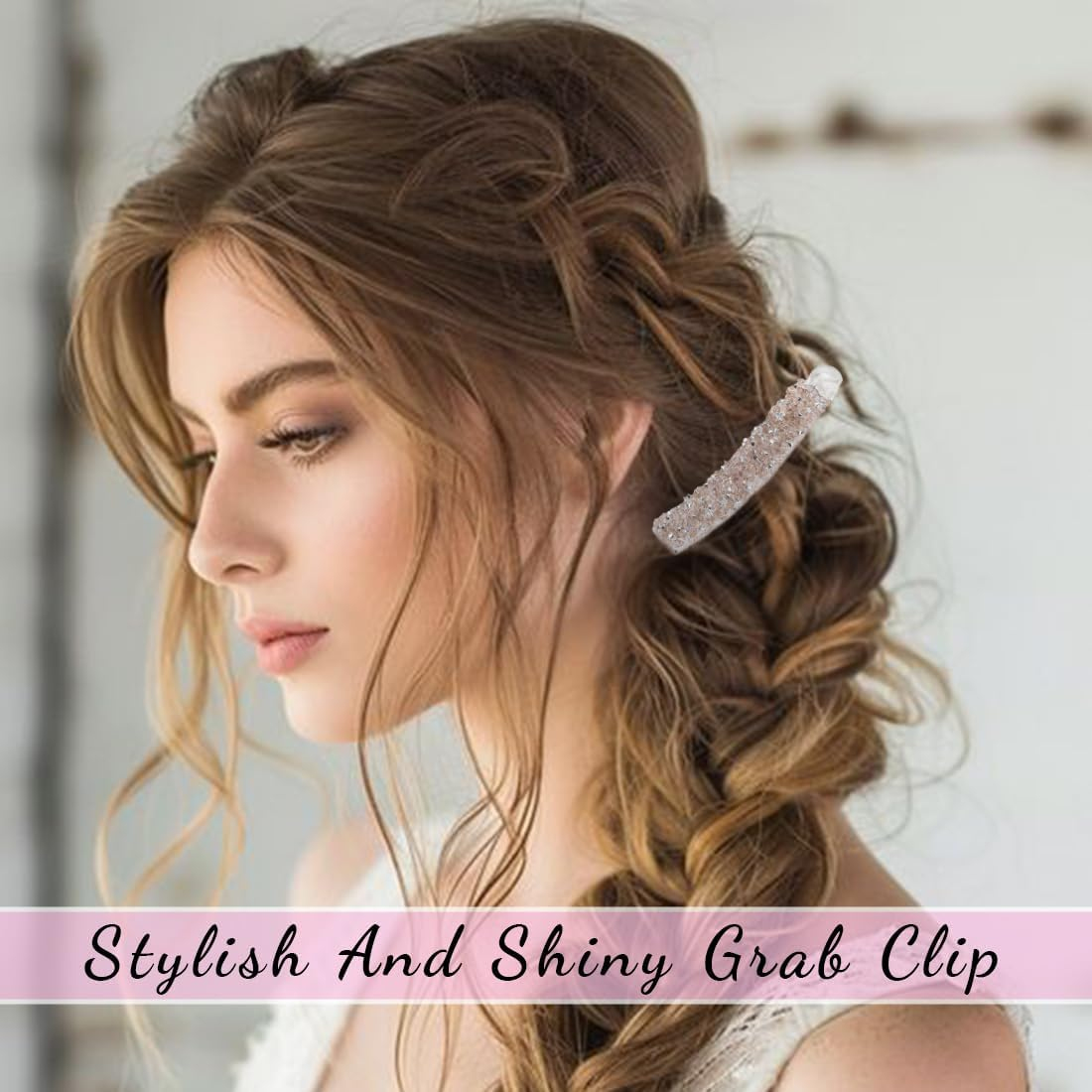 Pack of 2 Banana Clips, Rhinestone Beads Banana Hair Clips, Vintage Fishtail Hair Clip, Non-Slip Ponytail Holder Clip for Women, for Thick Fine Hair (Black + Champagne)