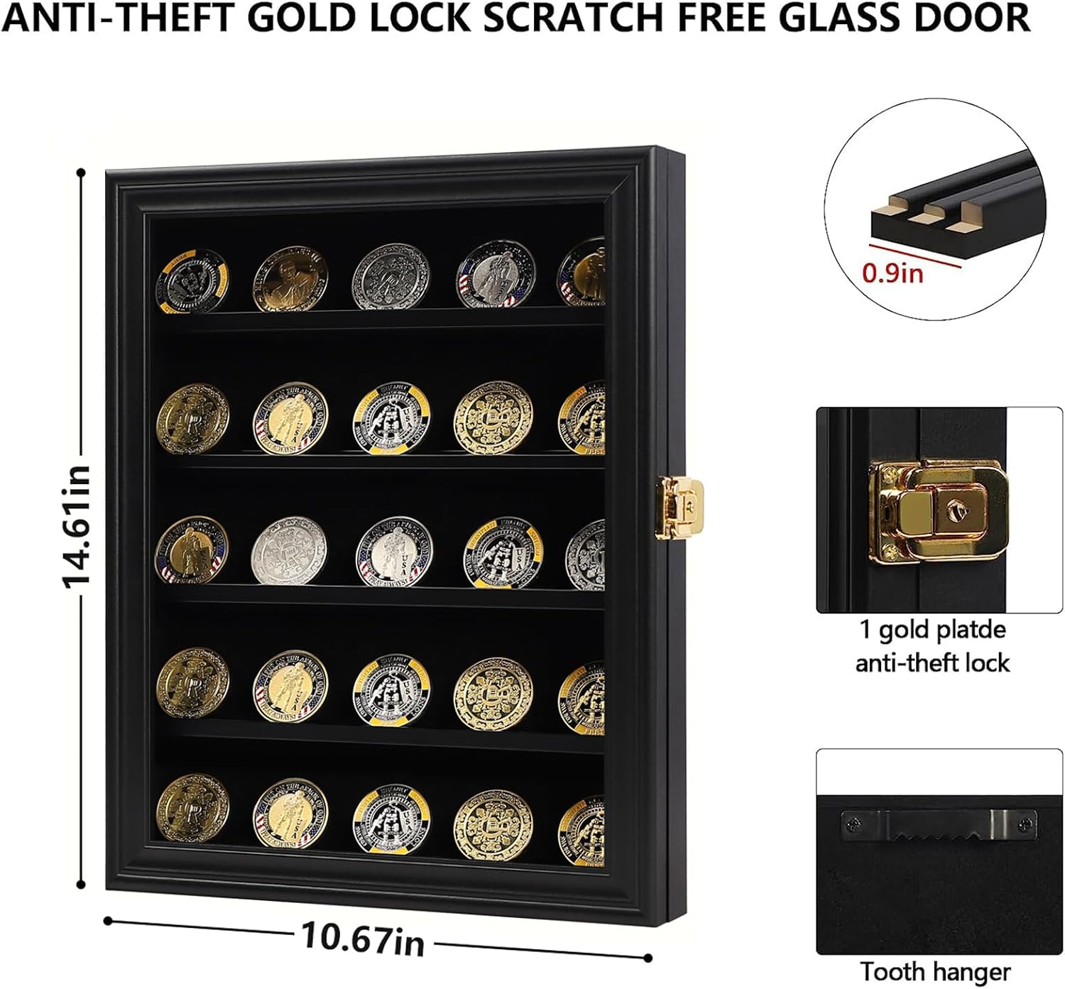 Sboitflmm Military Challenge Coin Display Case Lockable Cabinet Shadow Box with Removable 2 Grooves Shelves and anti Fade Acrylic Glass Door for Casino Poker Chips Collectibles Small Black