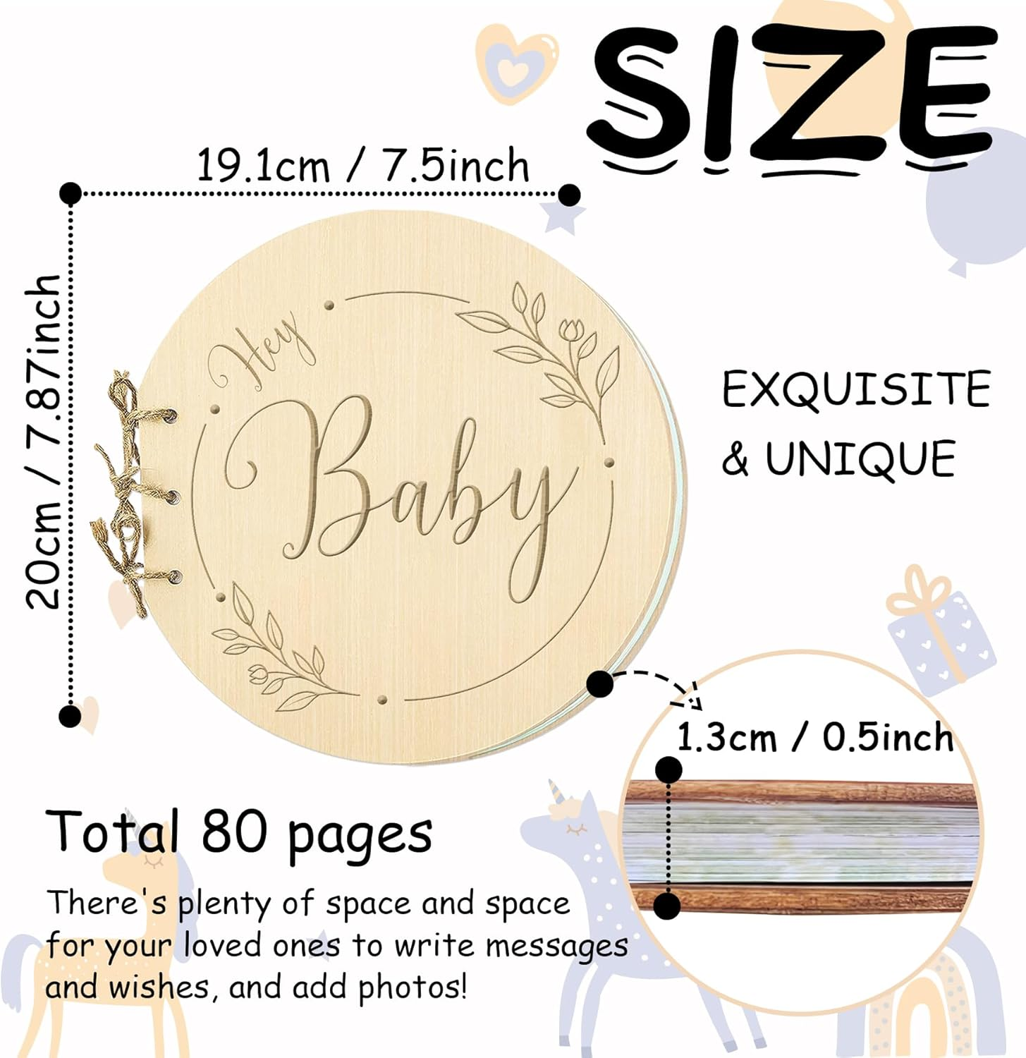 1DFAUL Baby Shower Guest Book Alternatives Girl Boy, 80 Pages Hey Baby Shower Sign in Guest Book with Watercolor Design, Wood Keepsake for New Parents image number 4
