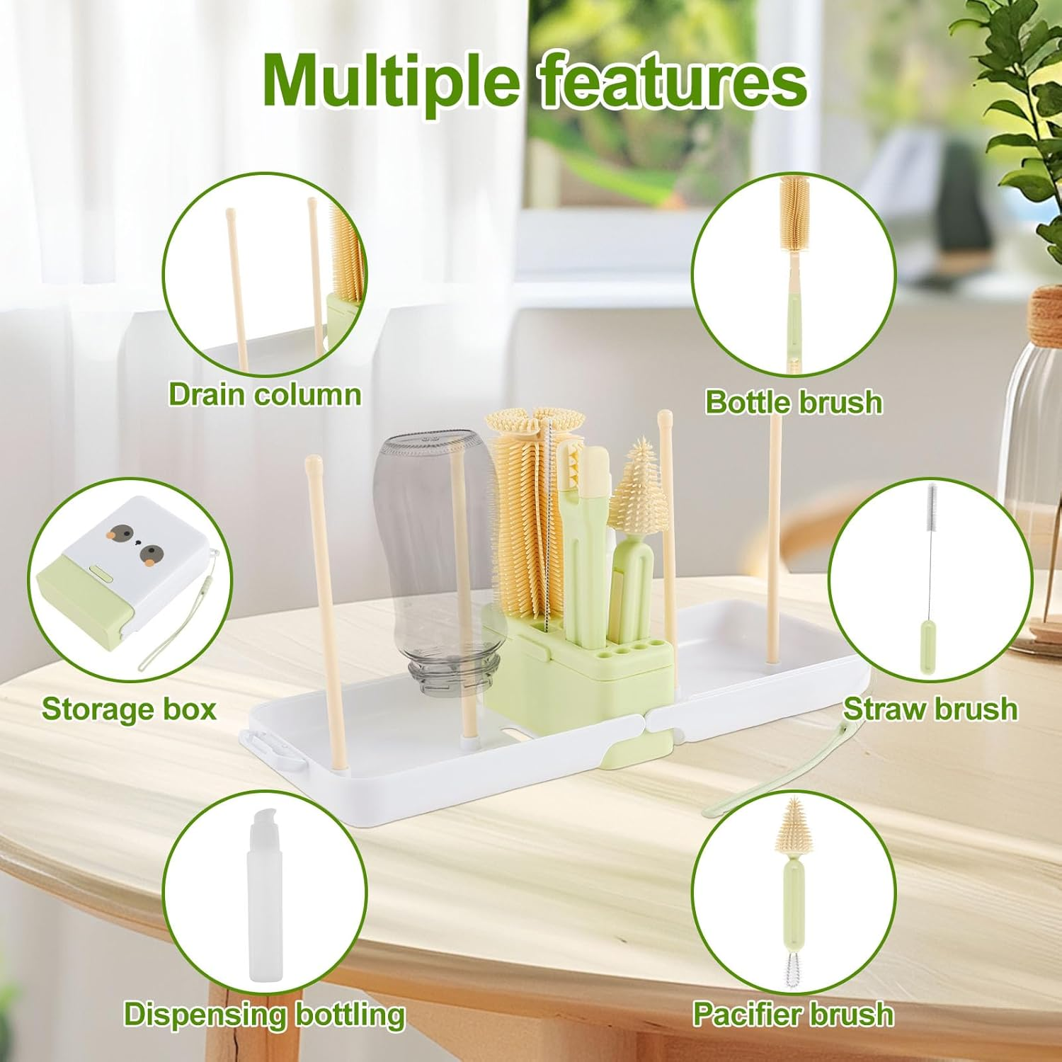 Bottle Cleaning Brush, Multipurpose Bottle Gap Cleaner Brush, with Folding Drain Rack Silicone Portable Cleaning Kit, Long Handle Silicone, anti Scratch, for Travel Camping Hotel Stay (White) - Yellow image number 5