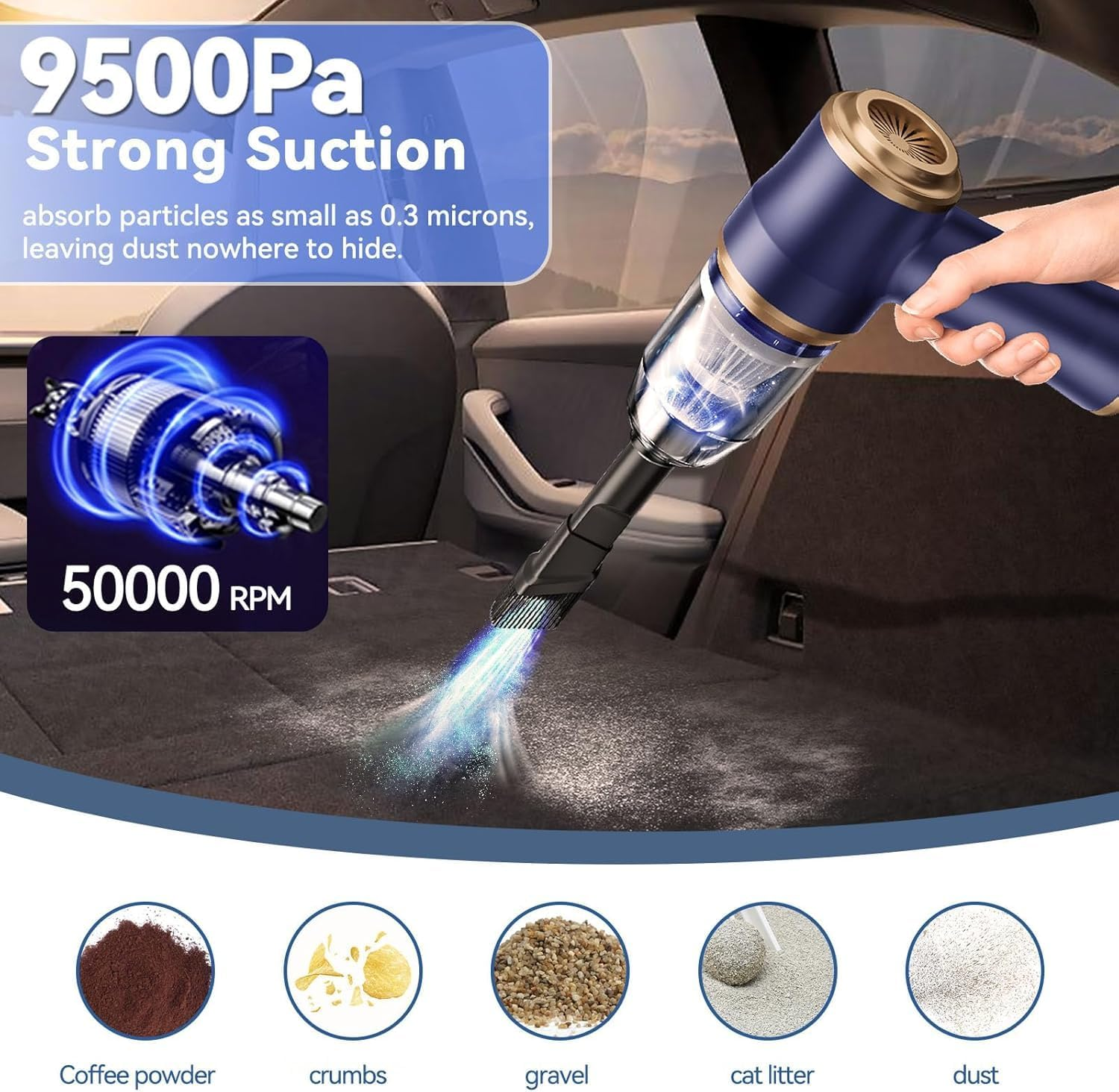 Handheld Car Vacuum Cleaner, 9000Pa Vacuum Cleaner and Air Duster, High Power Wet and Dry Handheld Car Vacuum Cleaner with LED Light and Multi-Nozzles for Car, Home, Office, Pet image number 1