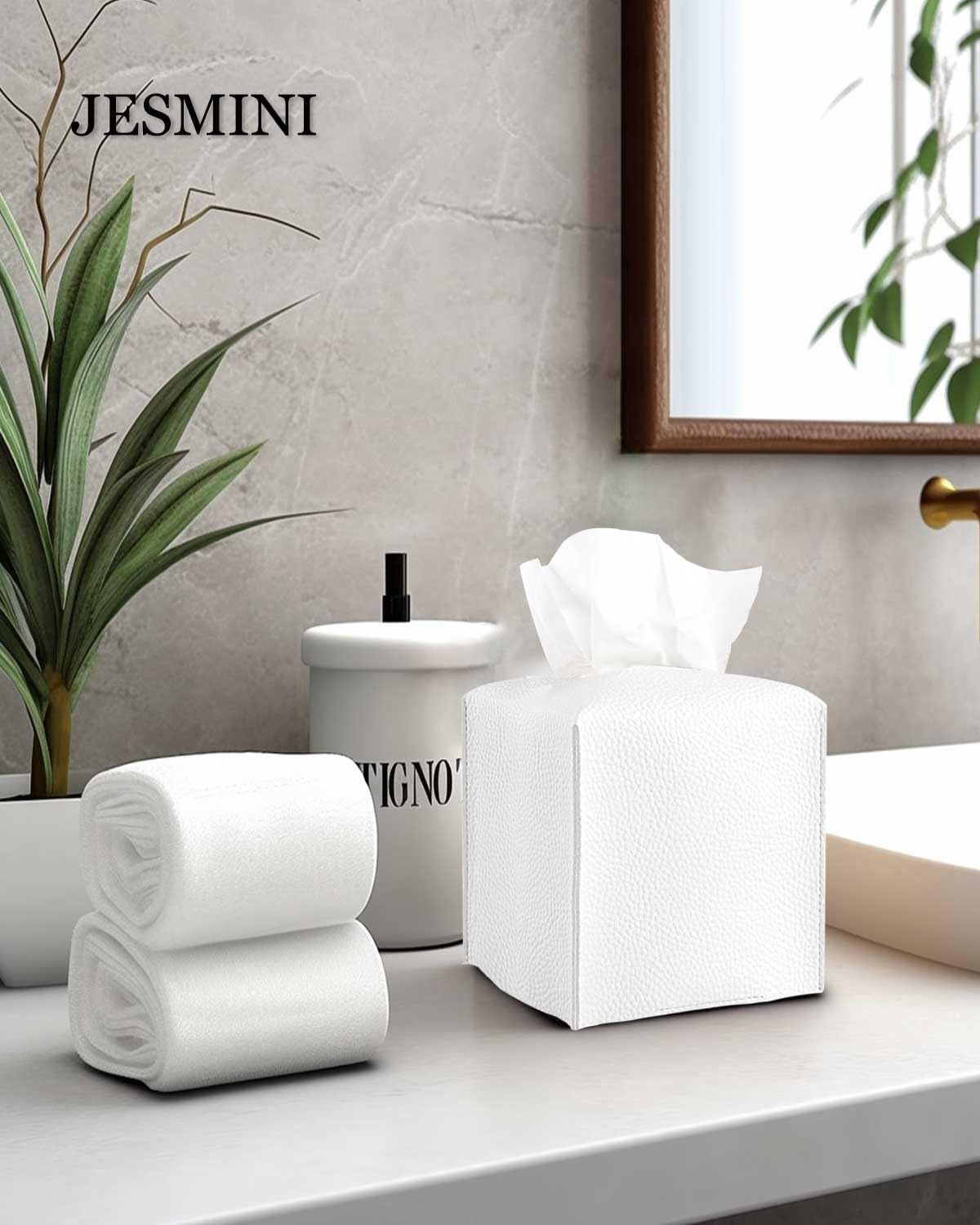 Tissue Holder White Tissue Box Cover &ndash; Square Leather Tissue Cover Box with Bottom Belt by Decorative Tissue Box Holder for Modern Home Office Decor image number 2