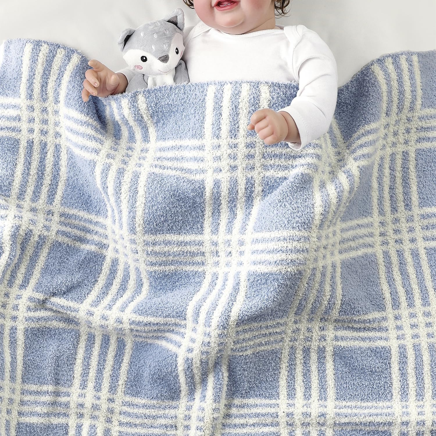 CREVENT 76X102Cm Cozy Soft Warm Chenille Baby Blanket for Girls Boys, Newborn Essentials for Infant, Baby Shower - Blue Check image number 6