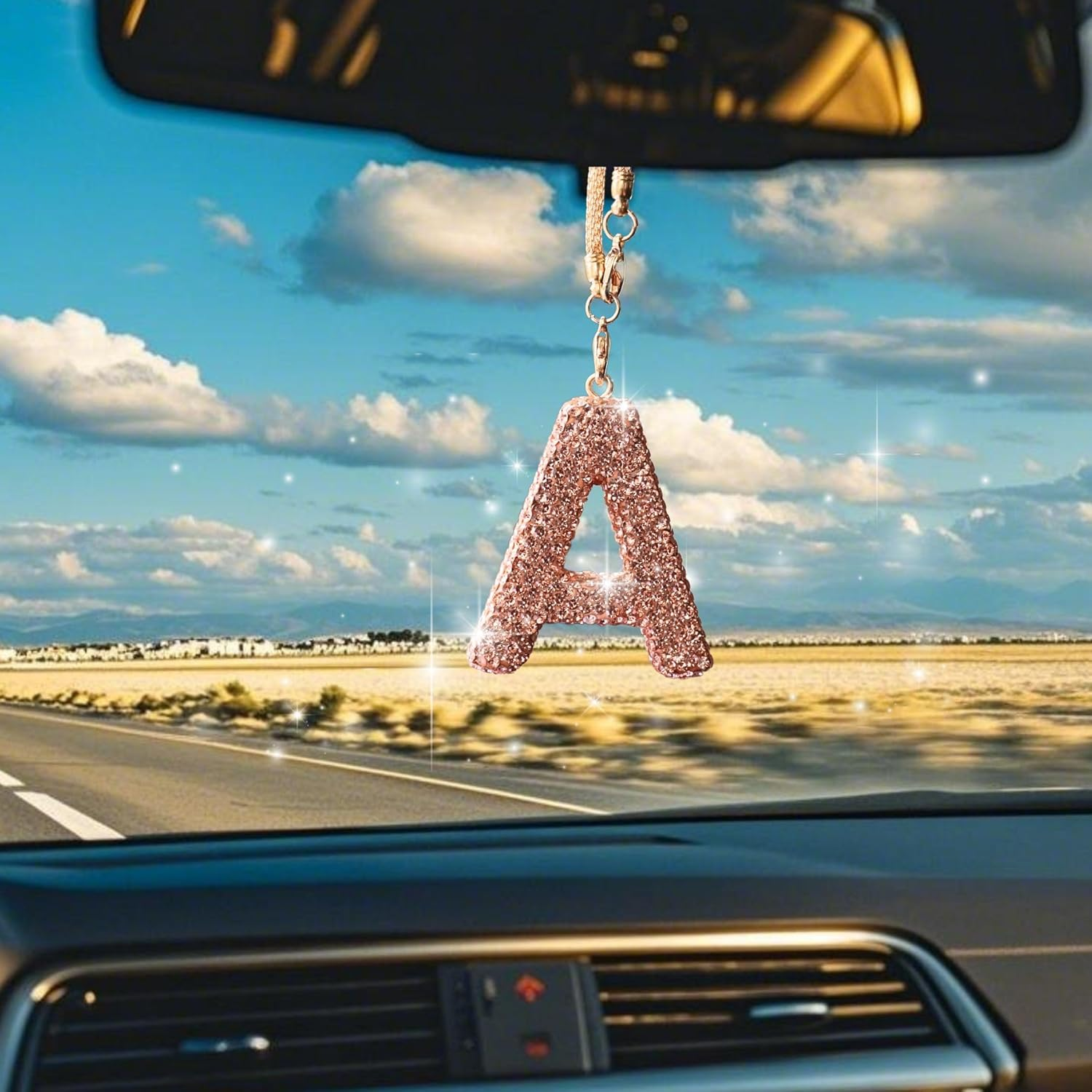 MOTOFITOOL Bling Car Accessories for Women Letter Charm, Rainbow Crystal Rearview Mirror Pendant, Cute Girly Diamond Rhinestone Car Decor for Women(A, Champagne Gold)