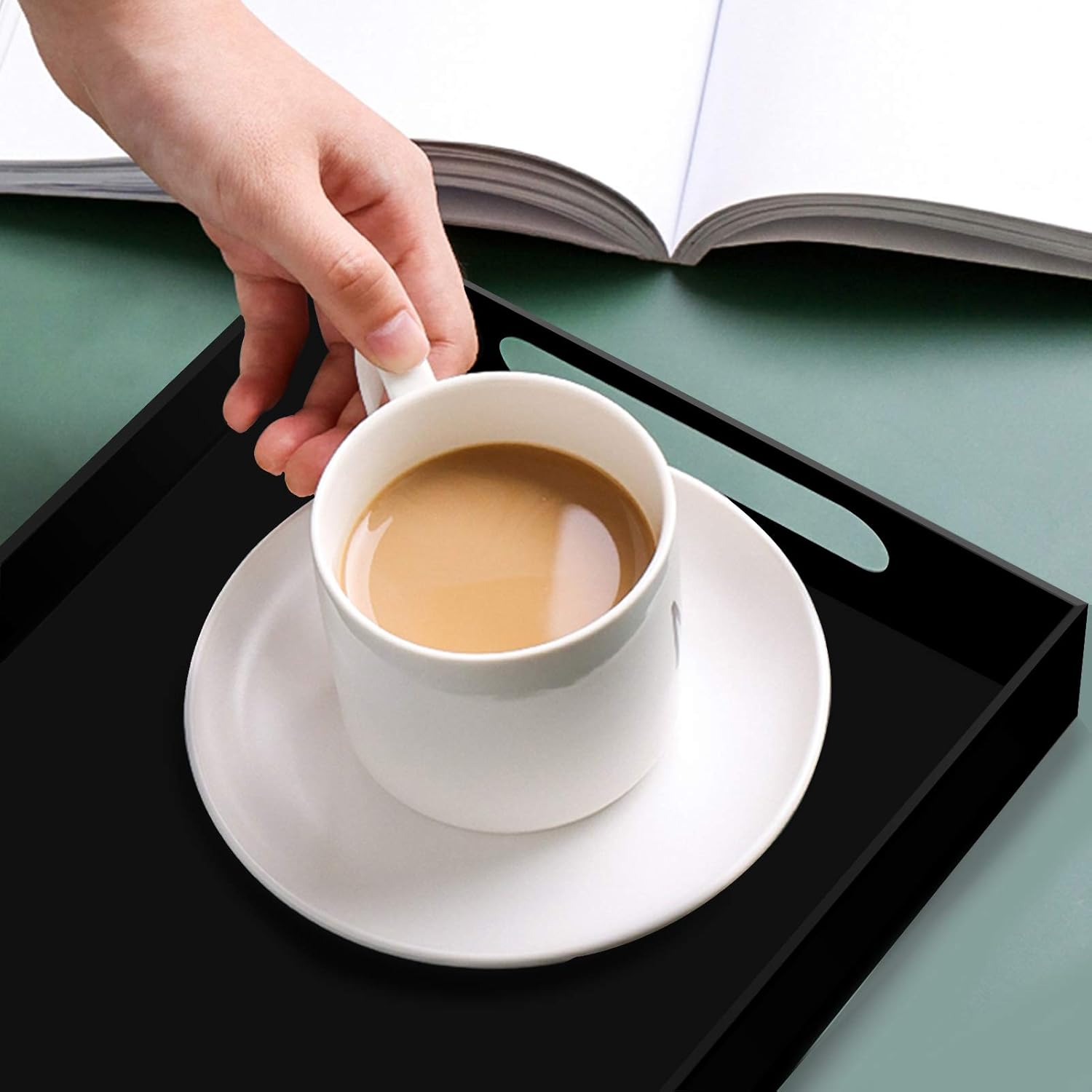 Tasybox Black Serving Tray, Acrylic Decorative Serving Trays with Handles for Kitchen Dining Room Table Ottoman Vanity Countertop 16" X 12" - Clear image number 6