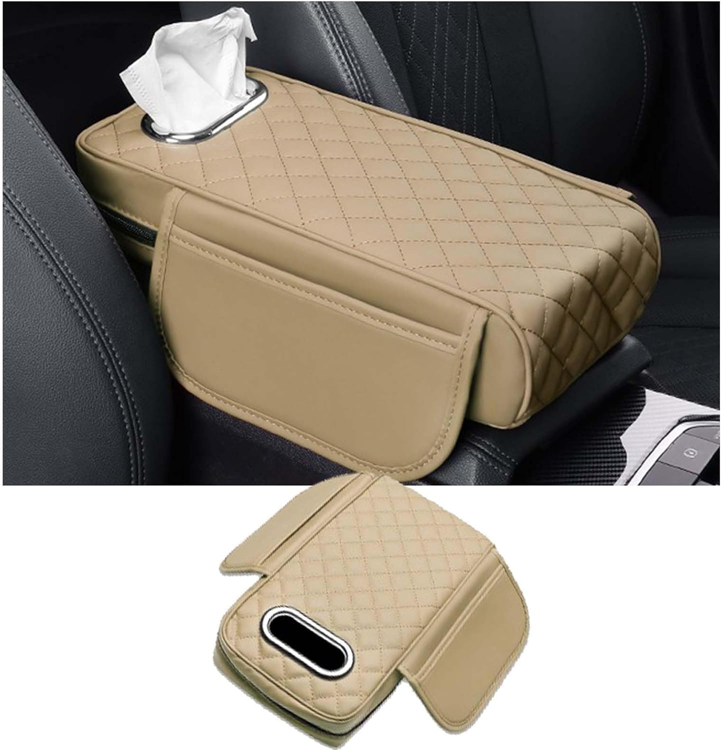 Car Console Armrest Pad with Tissue Box,Car Center Console Cushion with Pocket and Tissue Box,Universal Waterproof Leather Auto Armrest Seat Box Protector,Car Armrest Cover for SUV, Truck (Khaki) - Grey image number 3