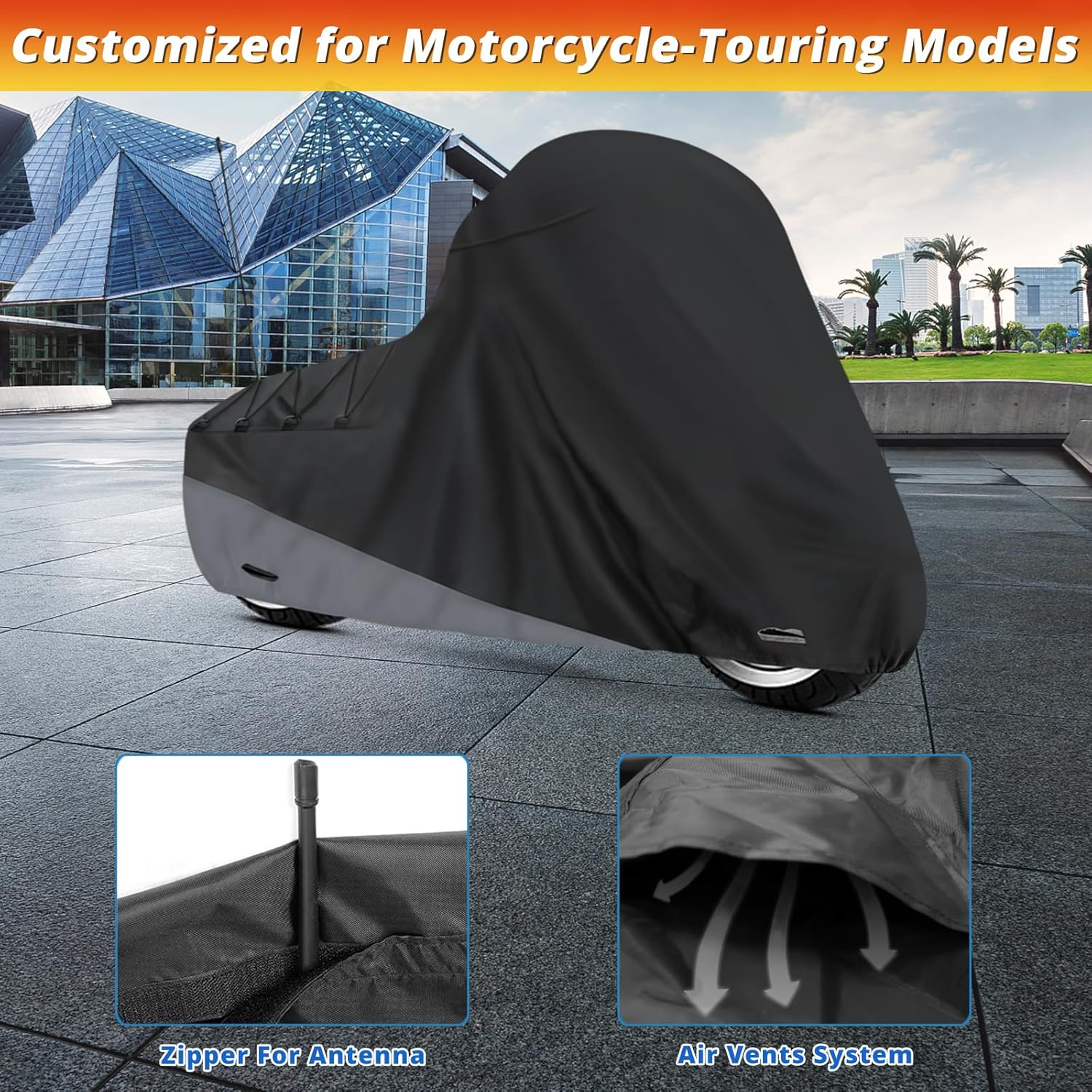 XYZCTEM Motorcycle Cover for Touring Models Harley Davidson Road King Road Glide Street Glide Electra Glide Low Rider-St Indoor & Outdoor All Weather Protect from Dust Sunlight Rain, Black image number 5