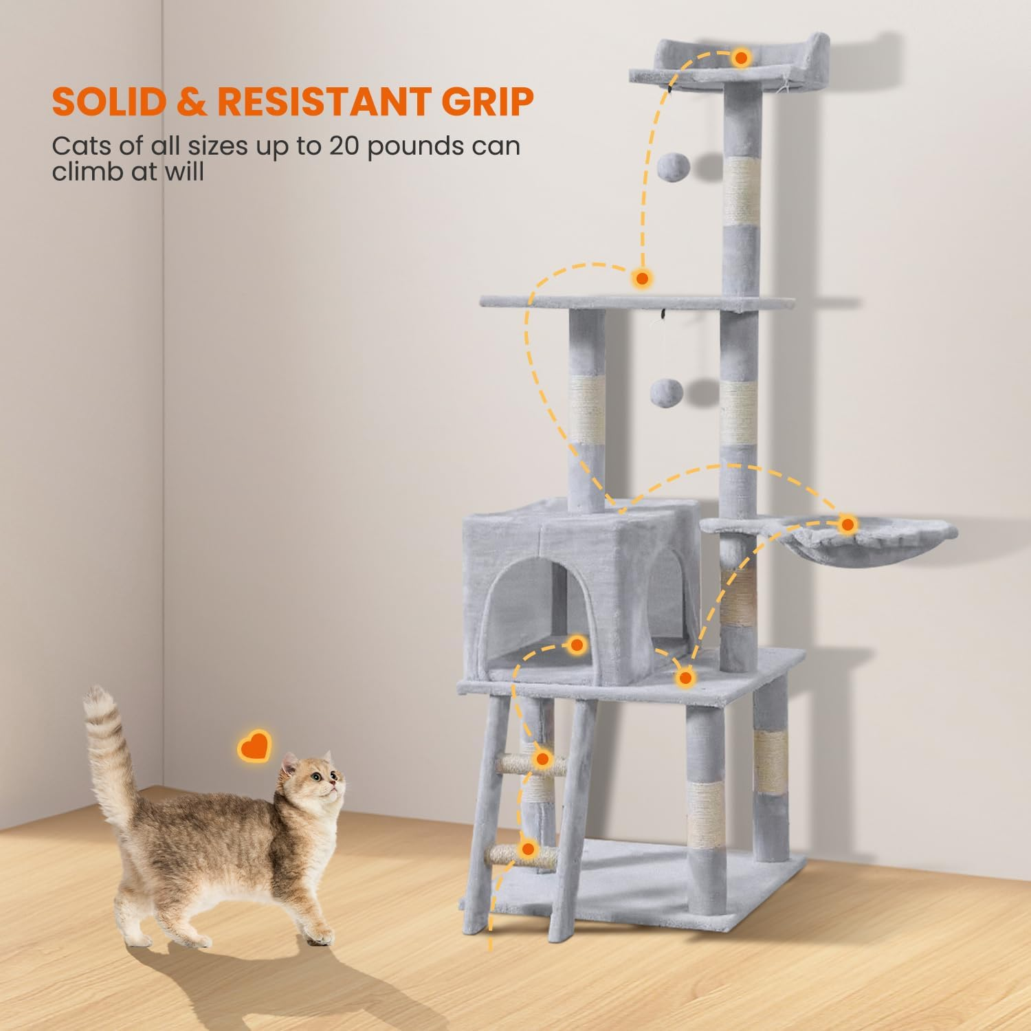 Cat Climbing Frame, 154Cm Cat Scratching Post Multi-Level Play Tower with 2 Pom Poms and Spacious Hammock for Indoor Kittens, Multi-Level Apartment Cat Furniture image number 5
