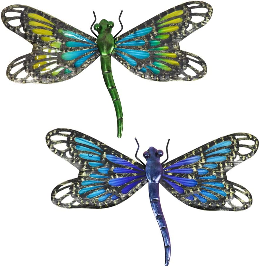 HONGLAND 2Pcs Metal Dragonfly Wall Decor Outdoor Dragonfly Wall Art Glass Sculpture for Home Garden,Gradient Blue&Green image number 1