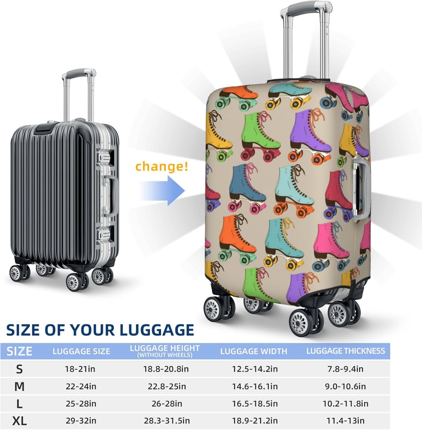 COMAAM Cute Panda and Sloth Elastic Luggage Compartment Protective Cover Luggage Cover Protector Suitable for Luggage of 18-32 Inches, Colorful Roller Skates, Large image number 3