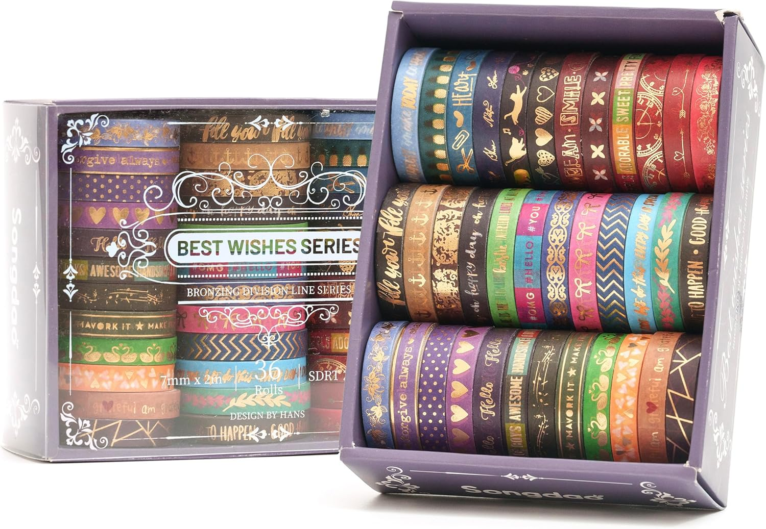 Songdao 36 Rolls Skinny Washi Tape Set Gold Foil Detailing Arts Adhesive Tapes Basic Patterns Decorative Masking Tape Sets for Craft, Kids, Scrapbook, DIY, Gift Wrapping (Black & Gold)