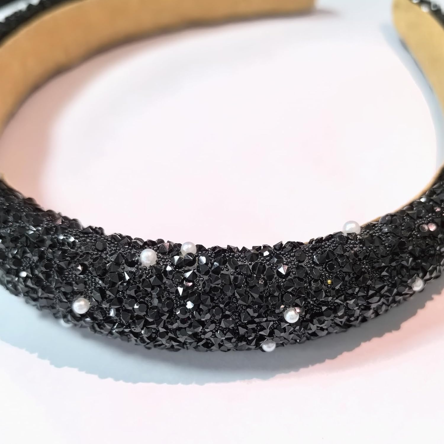 AWOCAN Rhinestone Headbands for Women Diamond Bling Rhinestone Wide Hairband Sparkle Beaded Crystal Headband Thick Padded Headband for Party Non Slip Glitter Hair Hoop (Black, L) - Black image number 3