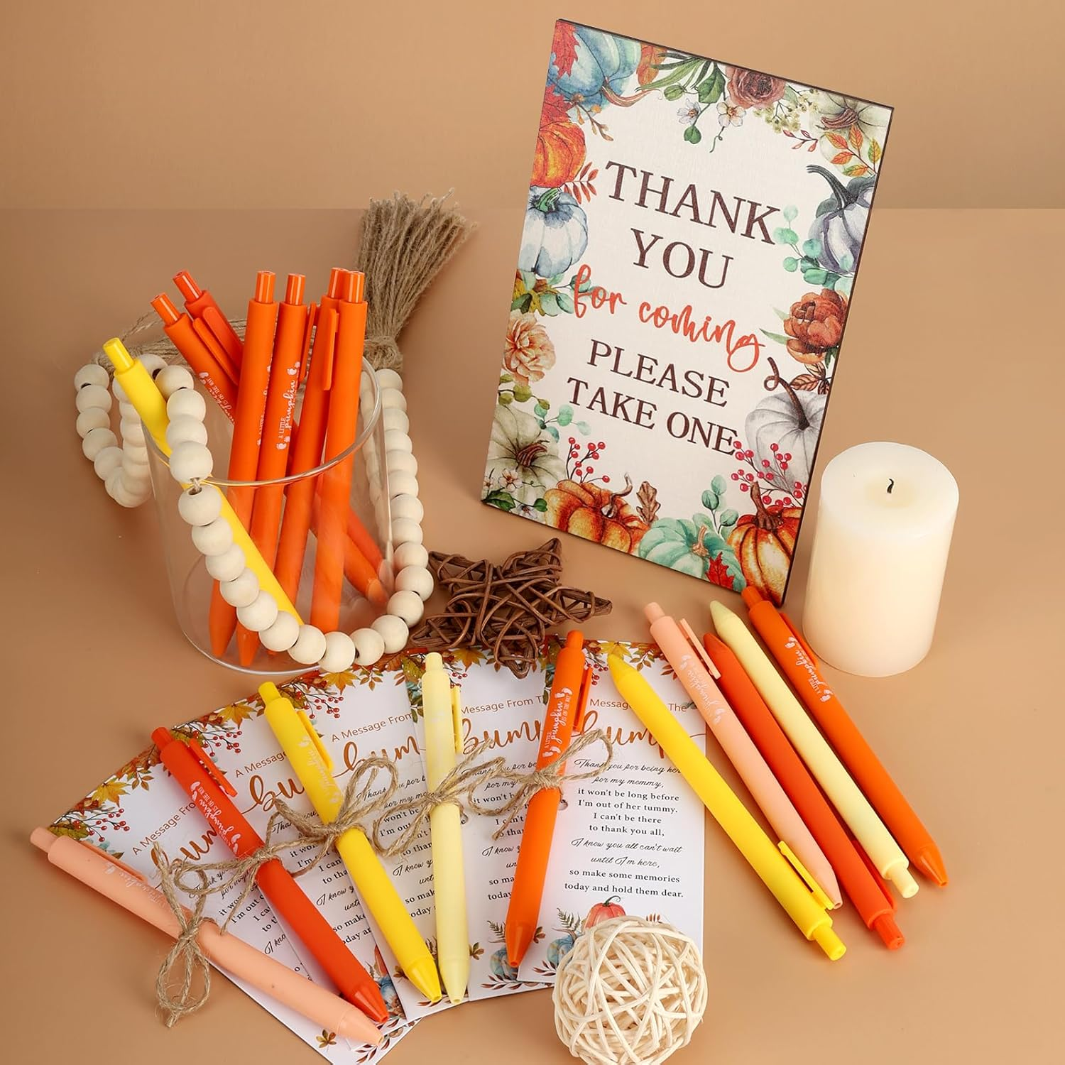 50 Sets Little Pumpkin Baby Shower Favors Baby Shower Pens Gifts Bulk Fall Pumpkin Theme Sign 50 Ballpoint Pens 50 Thank You Cards with Twine for Gender Reveal Party Souvenirs Return Gifts Prizes image number 6