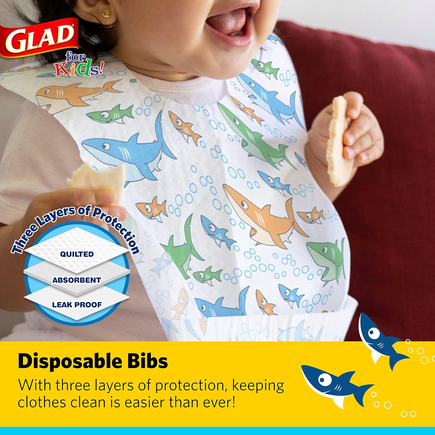 Glad for Kids Shark Disposable Paper Bibs with Crumb Catcher for Feeding - Absorbent and Leakproof Eating and Travel Essentials for Mess-Free Meals, 30 Count
