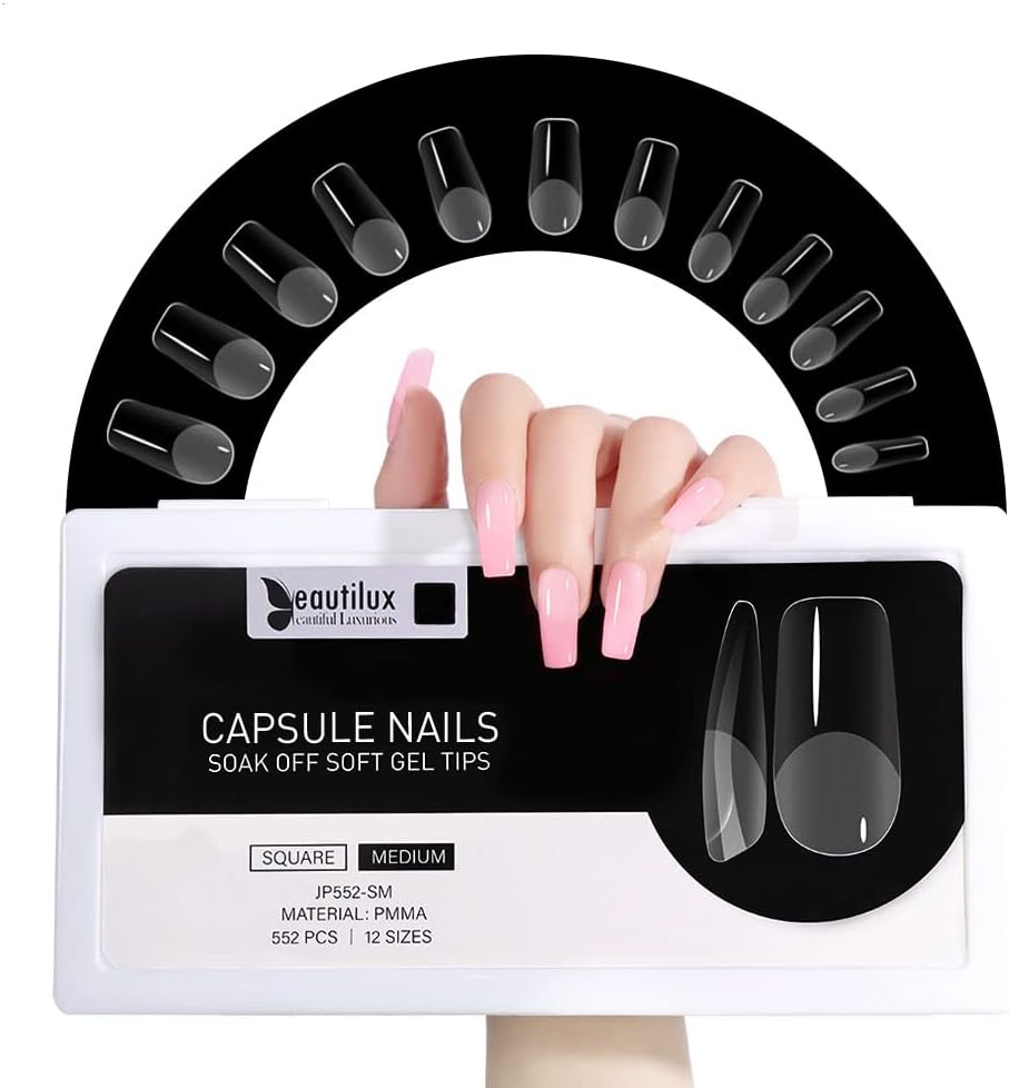 Beautilux Nail Tips, Pack of 552, Coffin Medium Tips for Gel Nails, Transparent, 12 Sizes, Pre-Buff PMMA Soft Full Cover Nail Tips for Home Manicure and Nail Salons