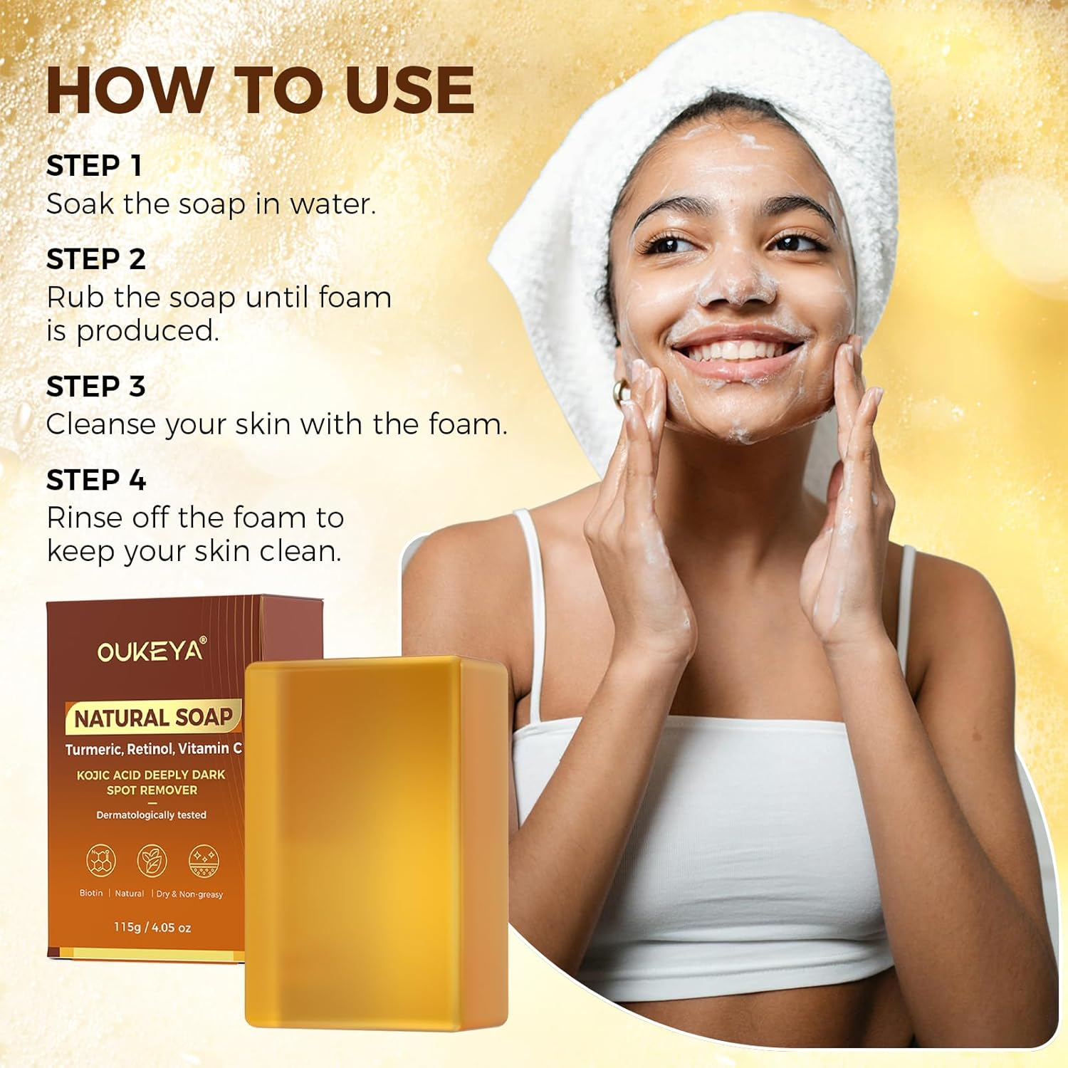 Dark Spot Remover Soap Bars,Turmeric Soap Bar,For Body & Face with Vitamin C, E, Retinol, Collagen,Shea Butter,Infused with Hyaluronic Acid, 2 Pack,Natural Soap for Men,Women image number 2