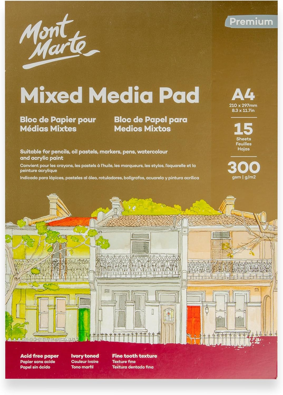 Mont Marte Mixed Media Pad Premium 300Gsm A4 15 Sheets Acid Free Art Pad with Fine Tooth Paper for Multi-Media Use, Ideal for Pencils, Oil Pastels, Markers, Pens, Watercolour and Acrylic Paint image number 4