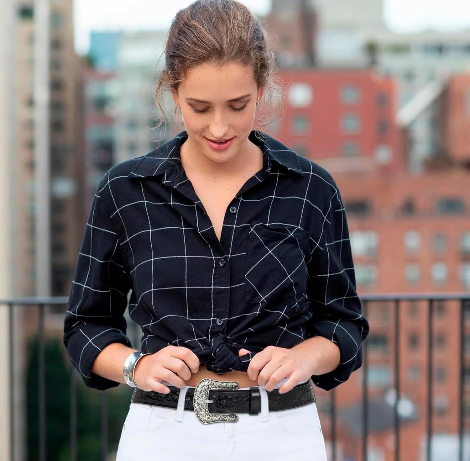 Women Vintage Western Cowboy Belts - Pu-Leather Western Engraved Bling Belt Buckle Cowgirl Waist Belt for Jeans Pants Dresses image number 5