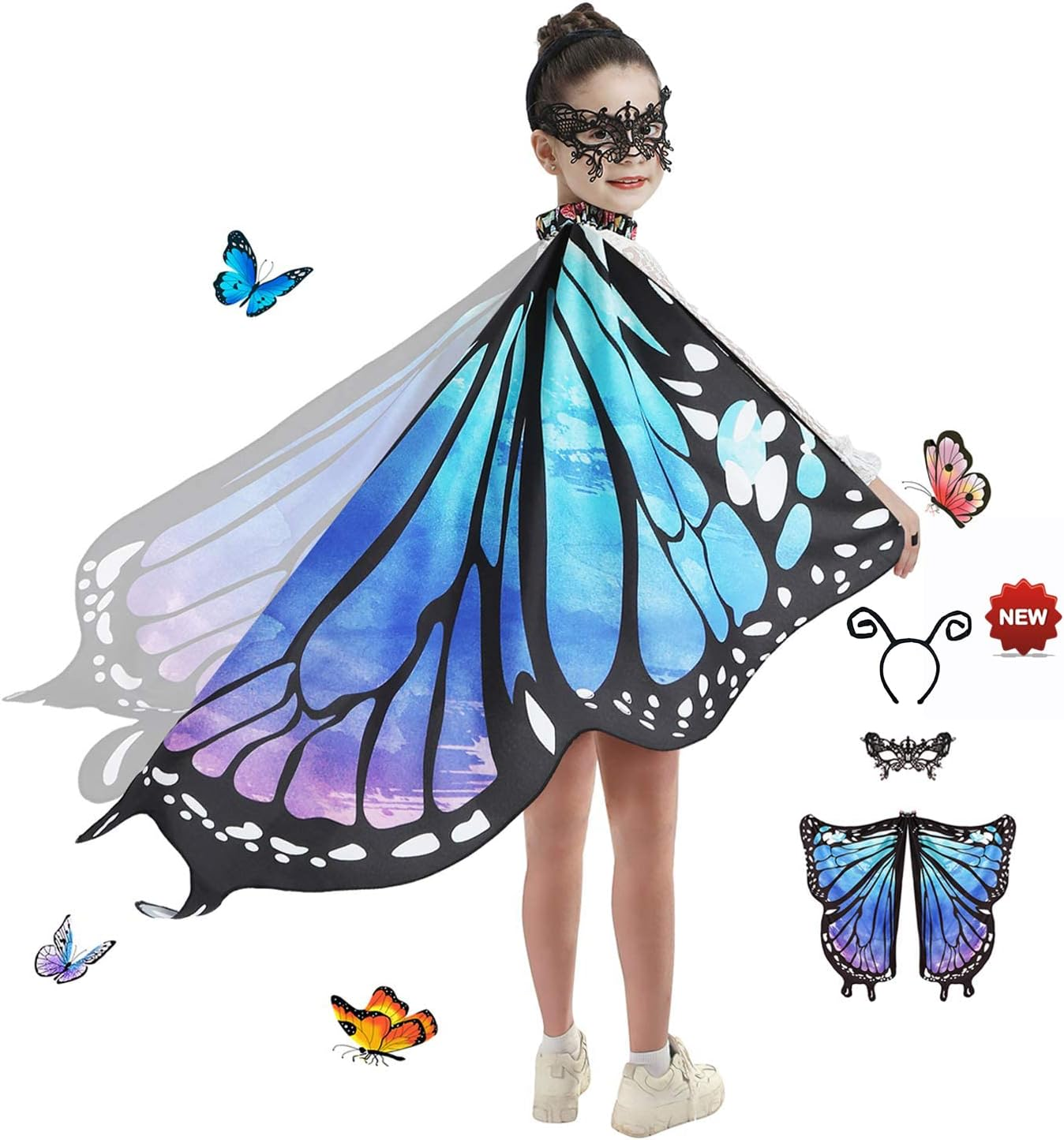 JEPOZRA Butterfly Wings Cape for Girls Kid Fairy Wing Halloween Costumes Dress up Shawl