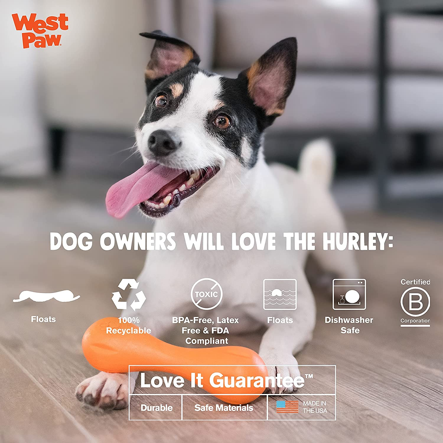 West Paw Zogoflex Hurley Durable Dog Bone Chew Toy for Aggressive Chewers, 100% Guaranteed Tough, It Floats!, Made in USA, Large, Tangerine image number 6