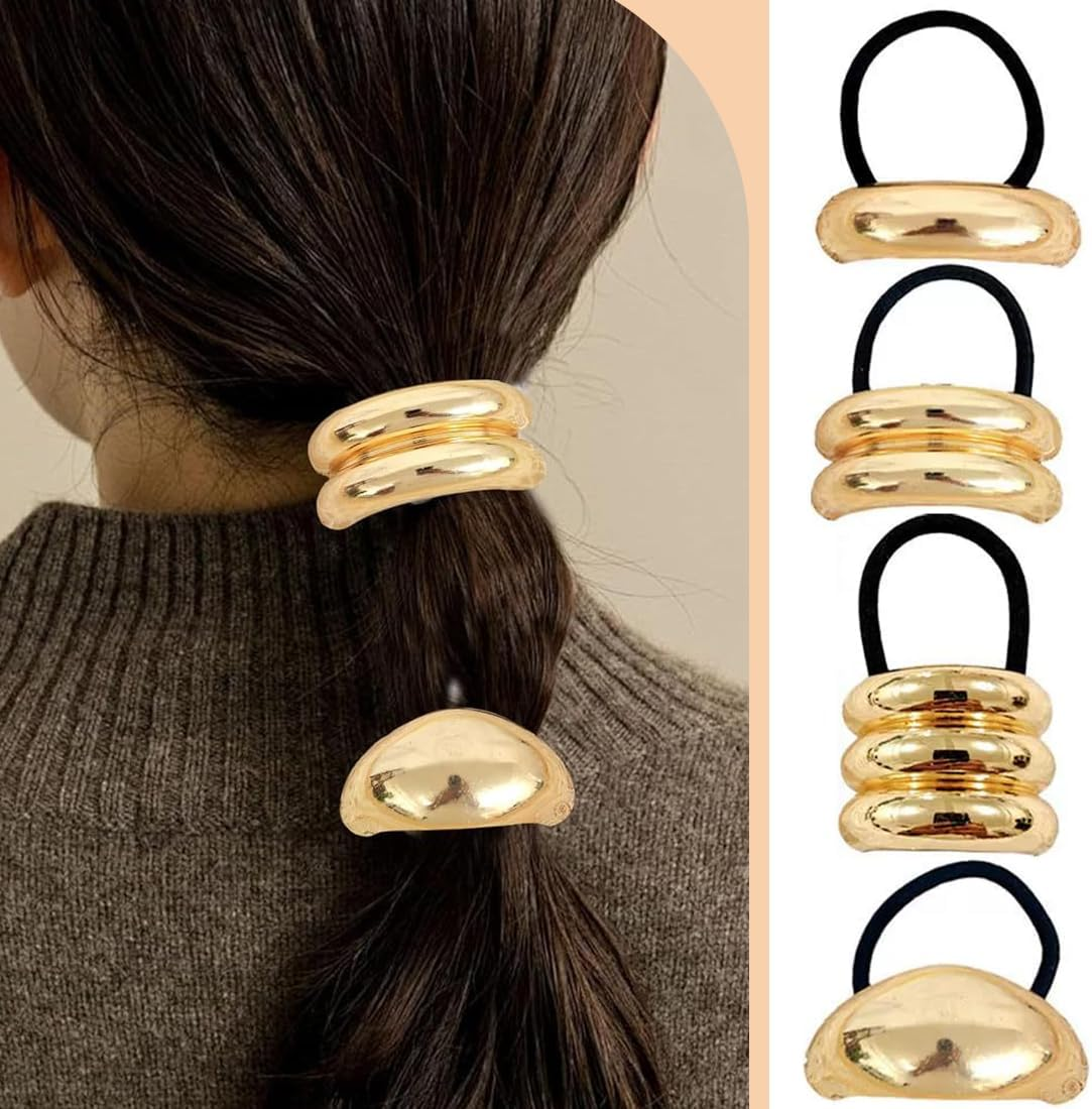 Pack of 4 Metal Hair Bobbles for Ponytails, Hair Cuffs for Ponytail, Metal Hair Cuff, Hair Scrunchie, Gold
