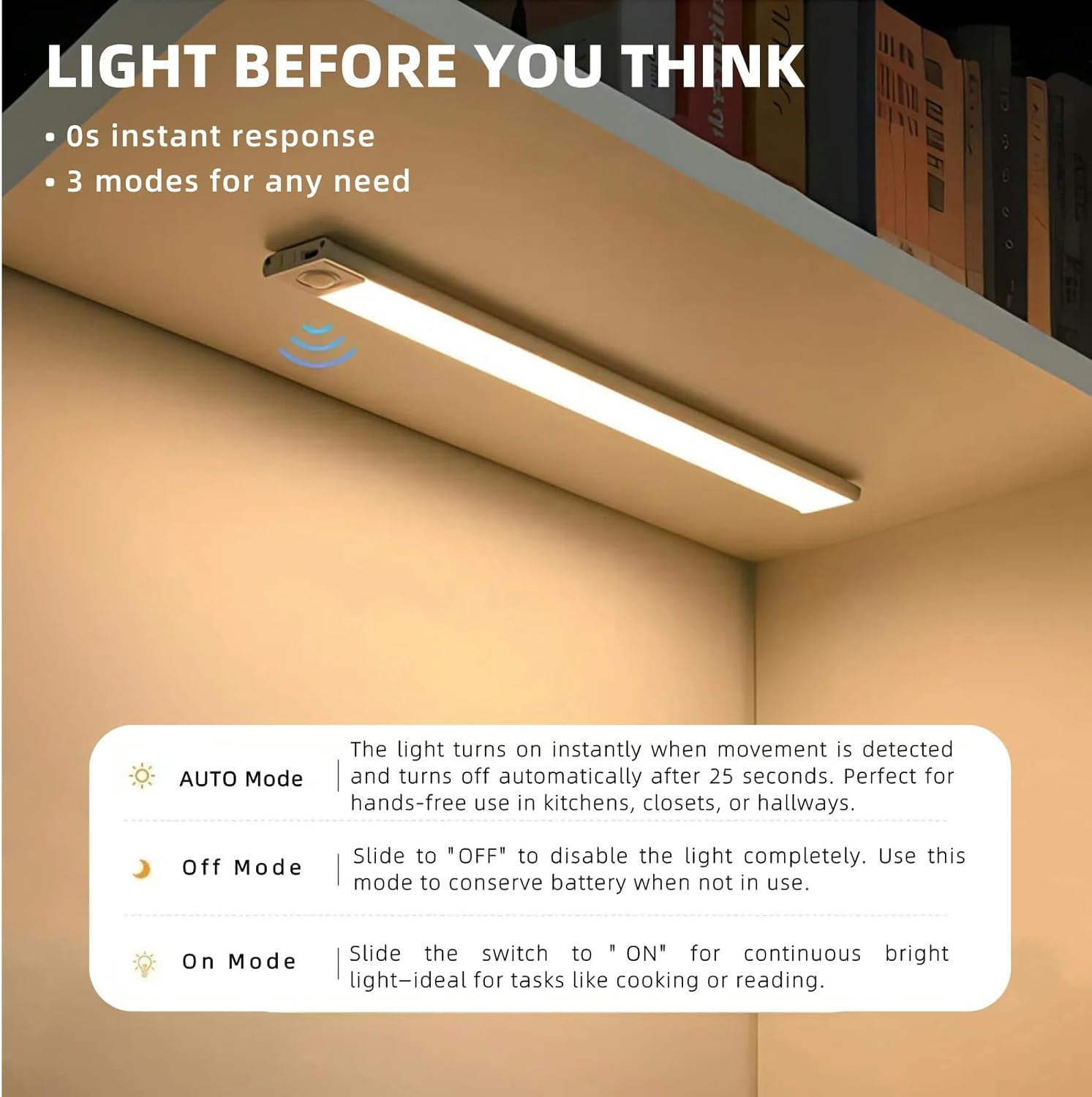 2-Pack 40CM under Cabinet Lighting, Motion Sensor Light Indoor for Closet, Rechargeable Wireless under Counter Lights for Kitchen and Pantry, 3 Colors Led Undercabinet Lights, Magnetic Installation image number 3