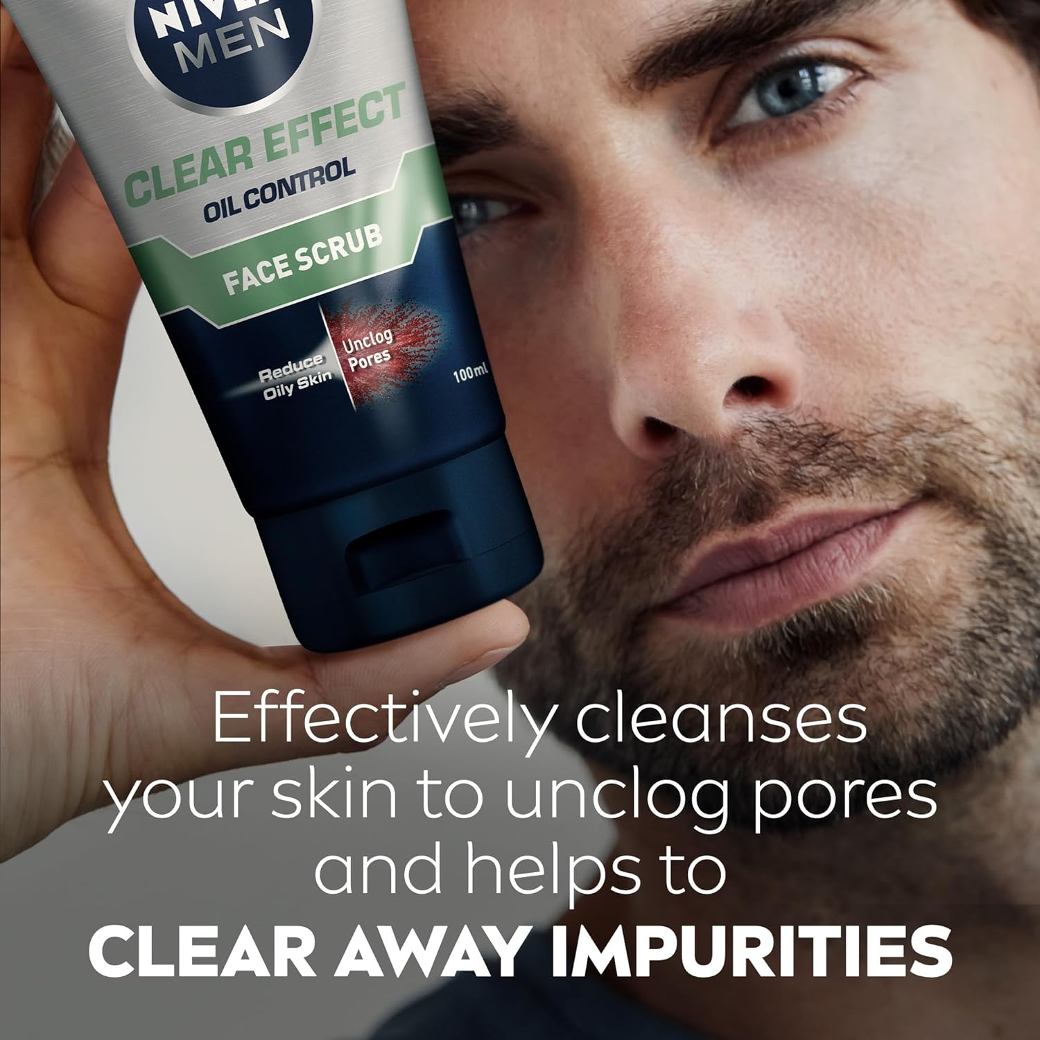 NIVEA MEN Clear Effect Oil Control Exfoliating Face Scrub 100Ml | with Salicylic Power | Unclogs Pores and Clears Impurities | Cleanses Excess Oil | Removes Shine image number 1