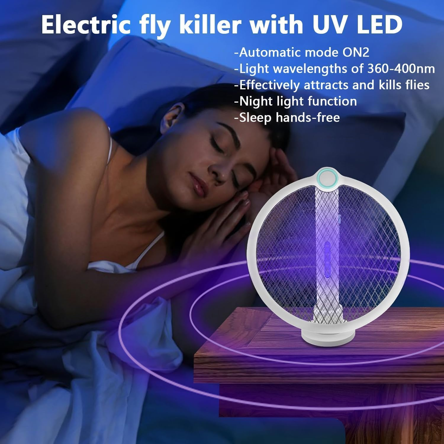 Foldable Electric Fly Swatter, Mosquito Zapper Lamp with Stable Base, 2-In-1 USB Rechargeable Bug Zapper for Indoor Outdoor Use in Kitchen Garden Patio