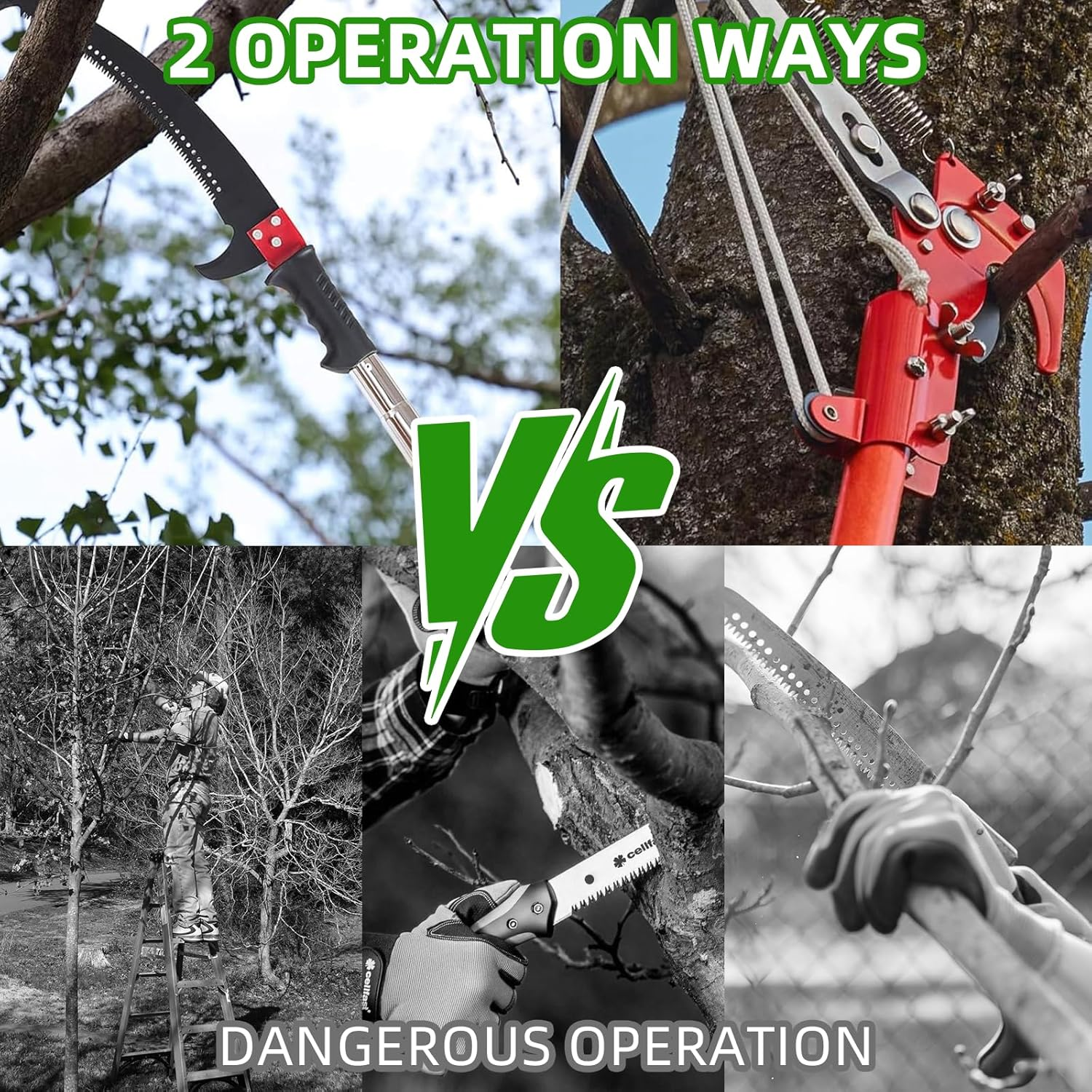 9M Manual Pole Pruner Saw for Tree Trimming, Extendable Tree Pole Pruner, Sharp Steel Blade and Scissors, High Branch Trimmer with Lightweight 9 Fiberglass Handles, for Pruning Palms and Shrubs -Green - Green image number 4