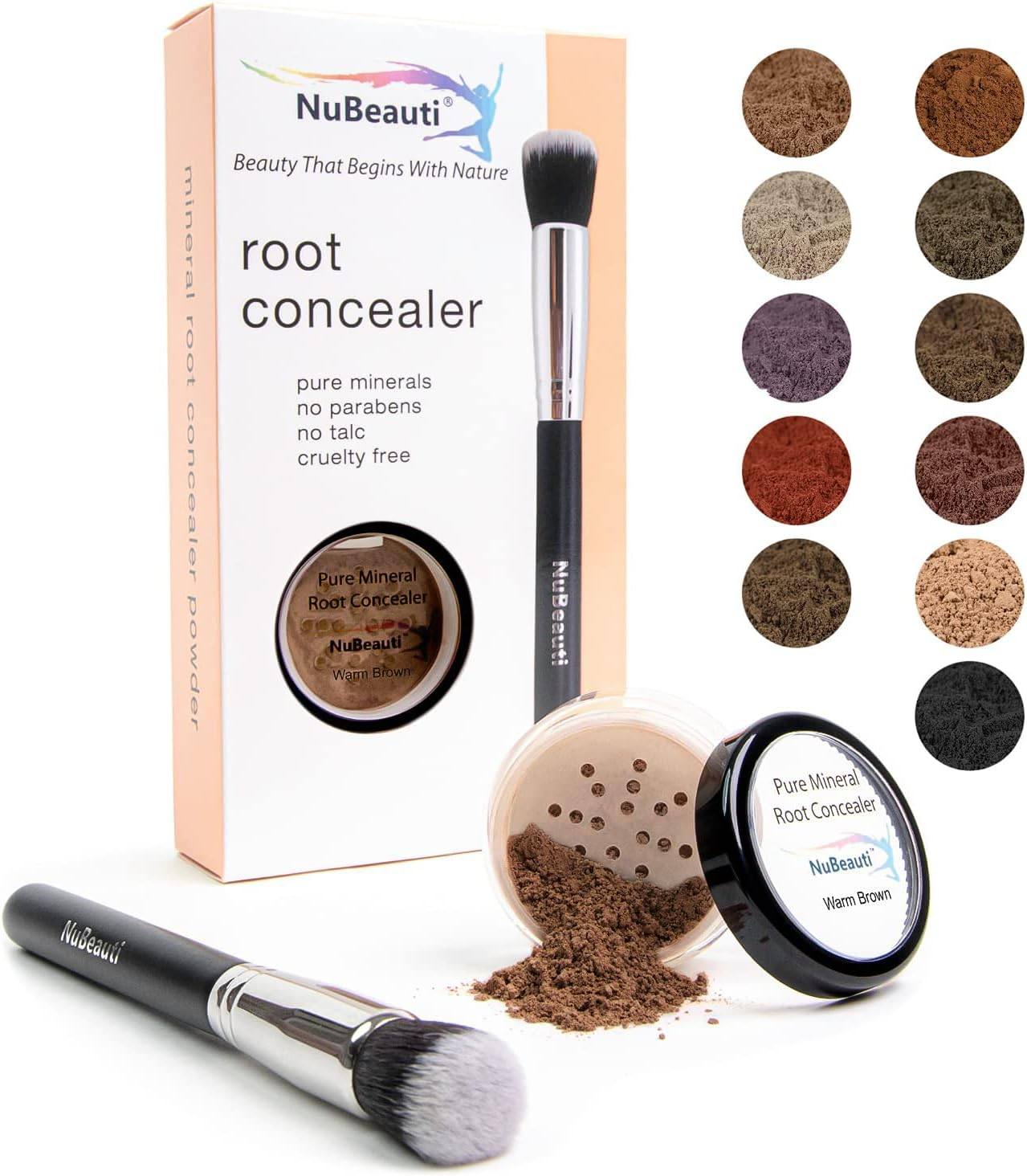 Nubeauti Root Touch up Powder - Natural Hairline Concealer with 11 Shades - Free of Fragrance, Talc & Parabens (With Brush, Warm Brown)