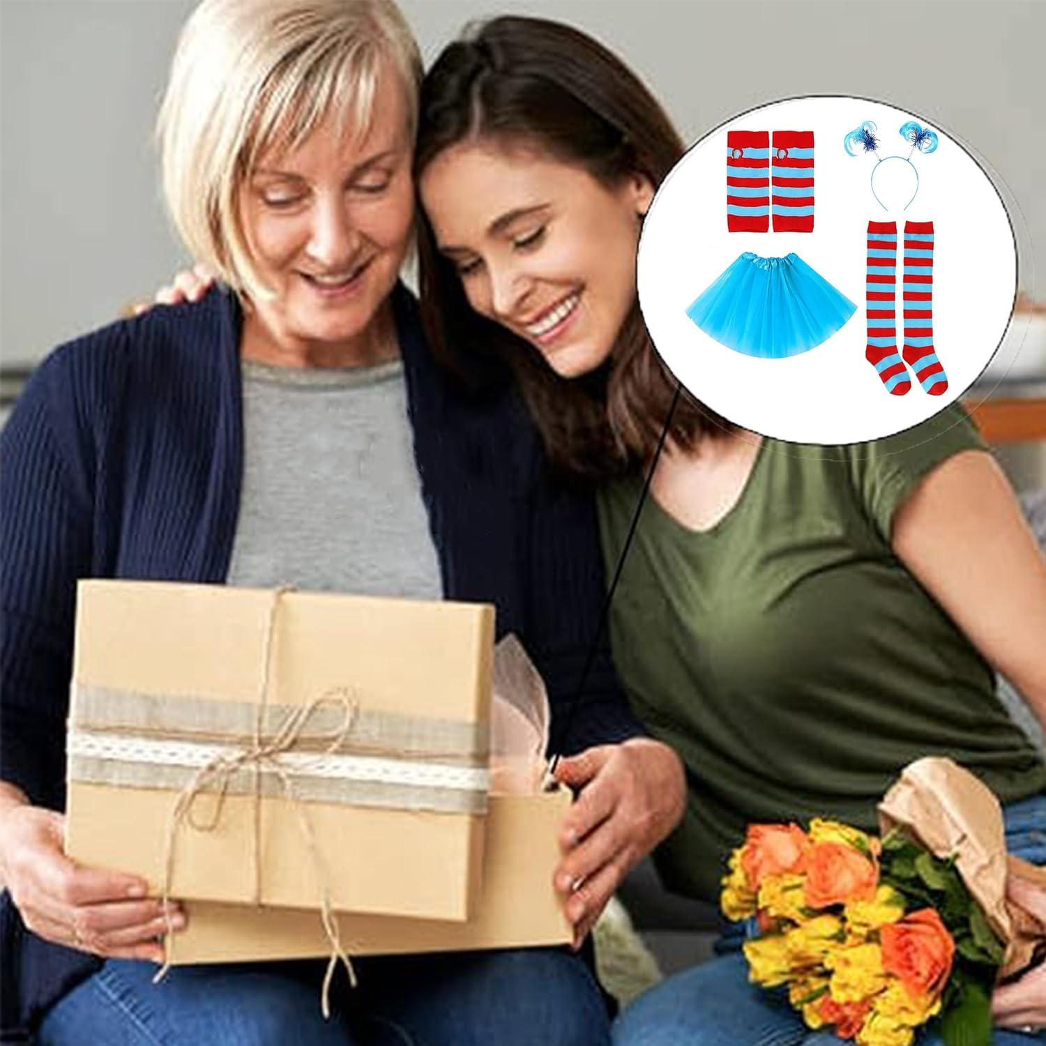 Roczential Red and Blue Women'S Clothing Set Includes a Blue Tutu, Striped Socks, Stretch Gloves, a Headpiece, a Halloween Costume, Accessories, and a Book Week Outfit image number 5