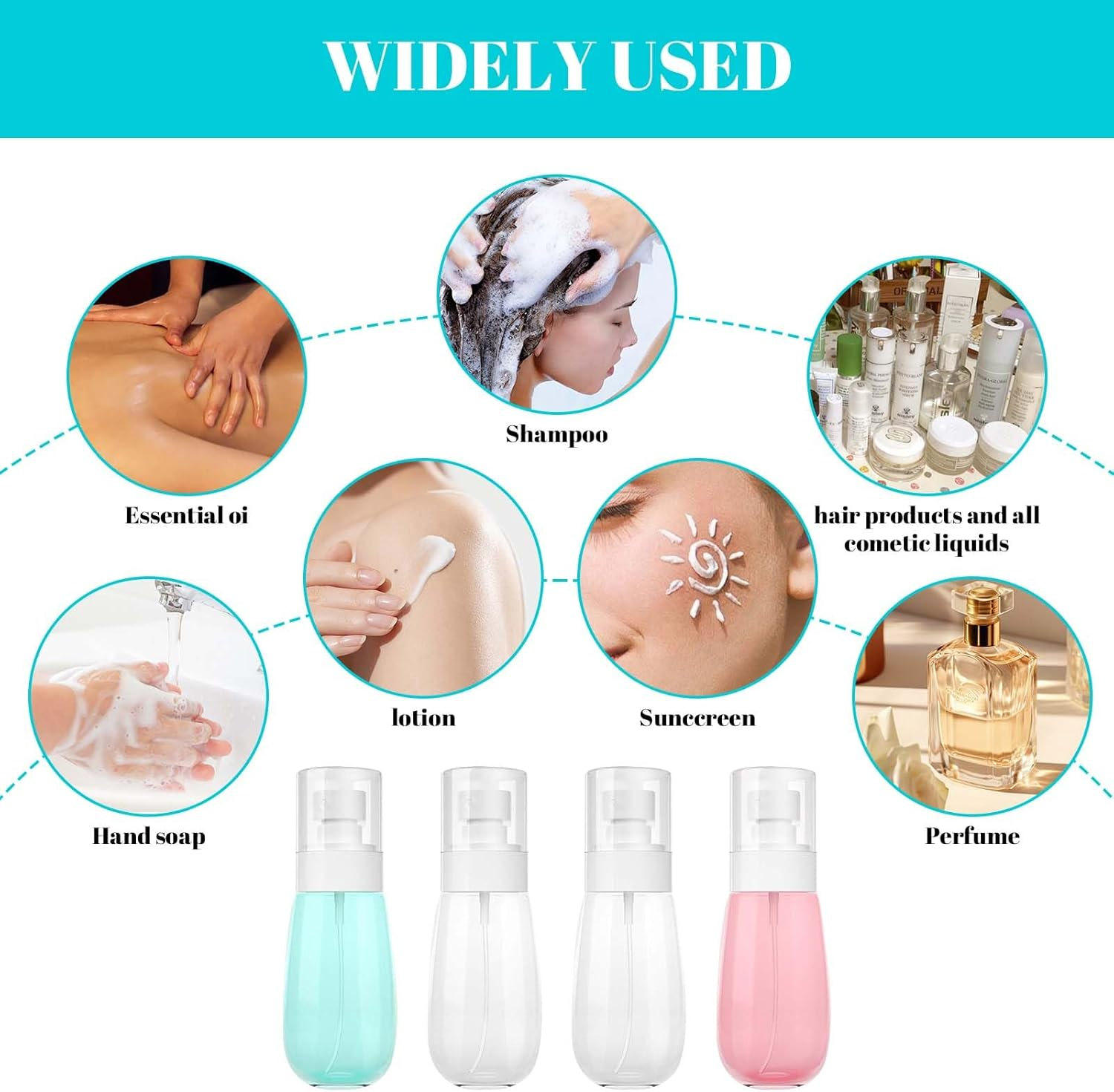 Tweozek 4 Pack Small Spray Bottle, 60 Ml Fine Mist Spray Bottle for Travel, Refillable Travel Containers Plastic Hair Spray Bottle Sprayer for Perfume Skincare Makeup Lotion (Pin, Blue,White) image number 6