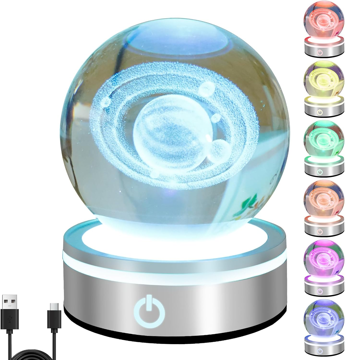 Crystal Ball Night Light, 3D Engraved Space Crystal Ball with Colorful Light Base, Portable Crystal Ball Night Lamp, Decorative Galaxy Globe Lamp, Crystal Display Sculpture for Home Decor (Saturn) image number 5