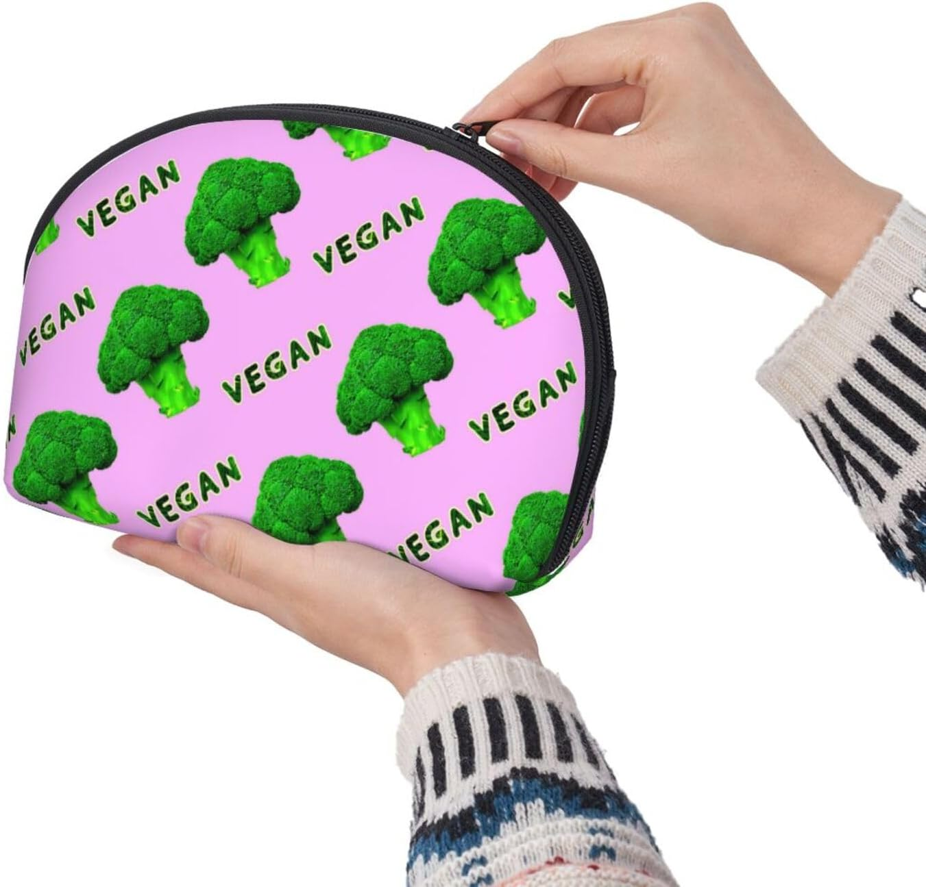 Cozimangoe Coin Pouch Makeup Bags Set, 2 Piece Shell Shape Cosmetic Bag with Pockets for Daily Travel Handbag Lipstick Keys Toiletry, Personalized Broccoli Vegan Green Pink image number 3