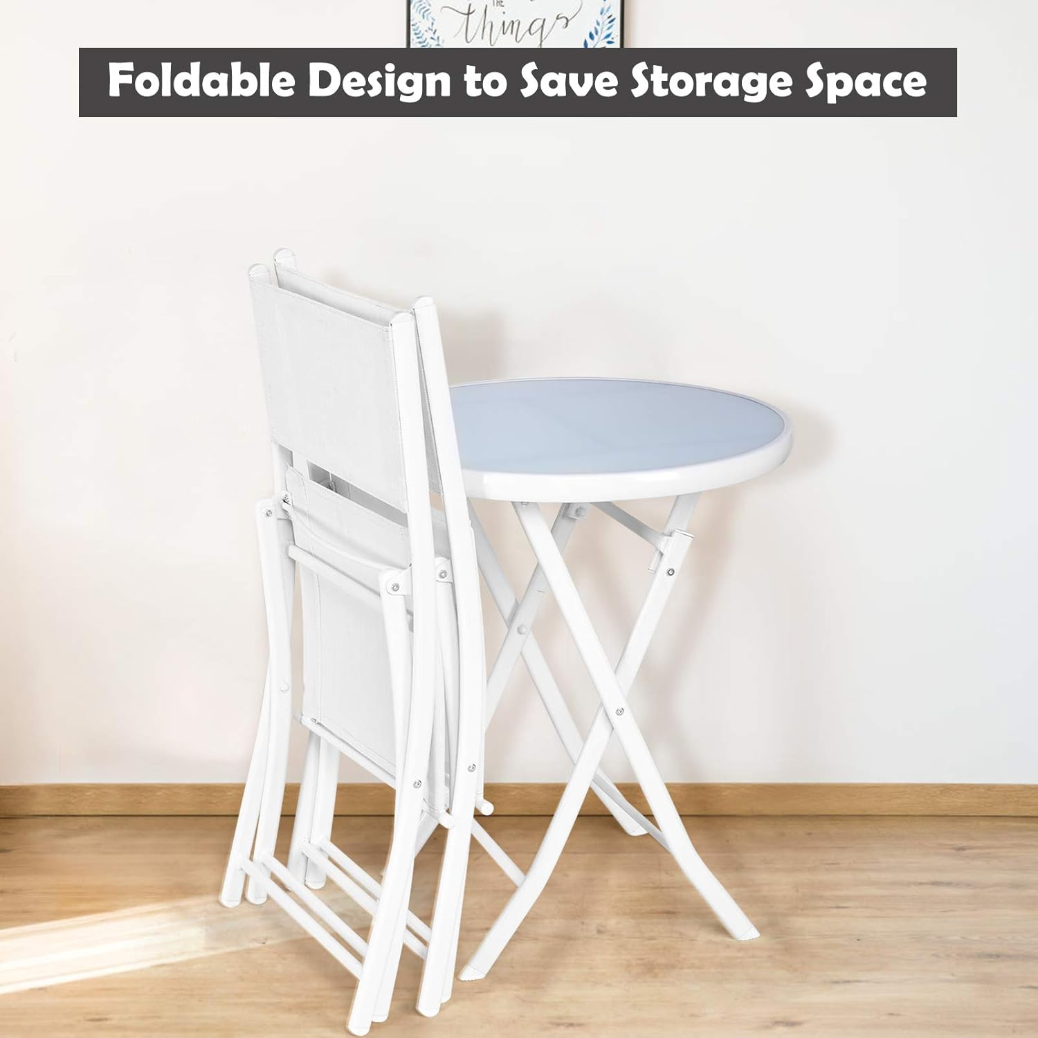 Costway Bistro Table Set, 3 Piece Patio Bistro Set, Outdoor Folding Table and Chairs, Foldable Patio Dining Set, Porch Furniture Set Garden Backyard Metal Frame No Assembly (White) image number 4