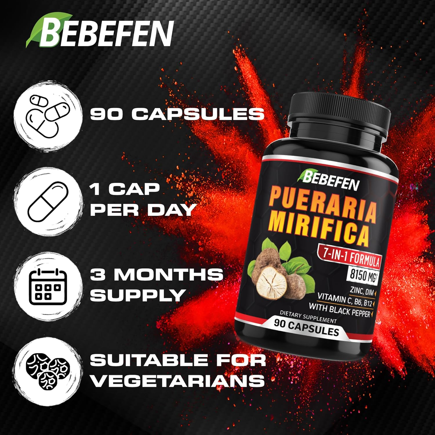 Pueraria Mirifica Capsules with Vitamin C, Zinc, Vitamin B, Vitamin B12, DIM & Black Pepper - 90 Capsules for 3 Month Supply image number 2