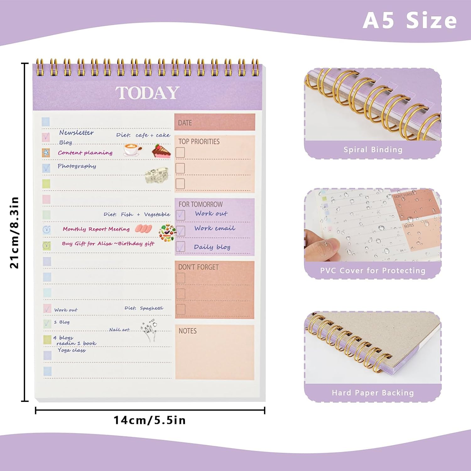 Daily Planner Notepad,Nedlon 2 Packs to Do List Notepad,104 Pages A5 Undated Daily Planner with Task Checklist,Spiral Binding,120Gsm Paper,Transparent Cover for Home,Office,School Supplies,Green&Purple image number 6