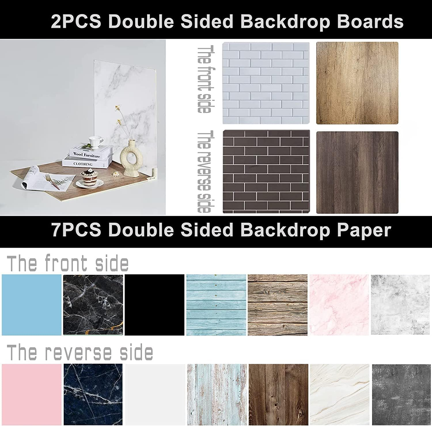 Photography 2PCS Background Boards 60X60Cm and 7 PCS Double Sided Backdrop Papers with Components, 18 Patterns Set for Food, Jewelry, Makeup Photographic Needs image number 5