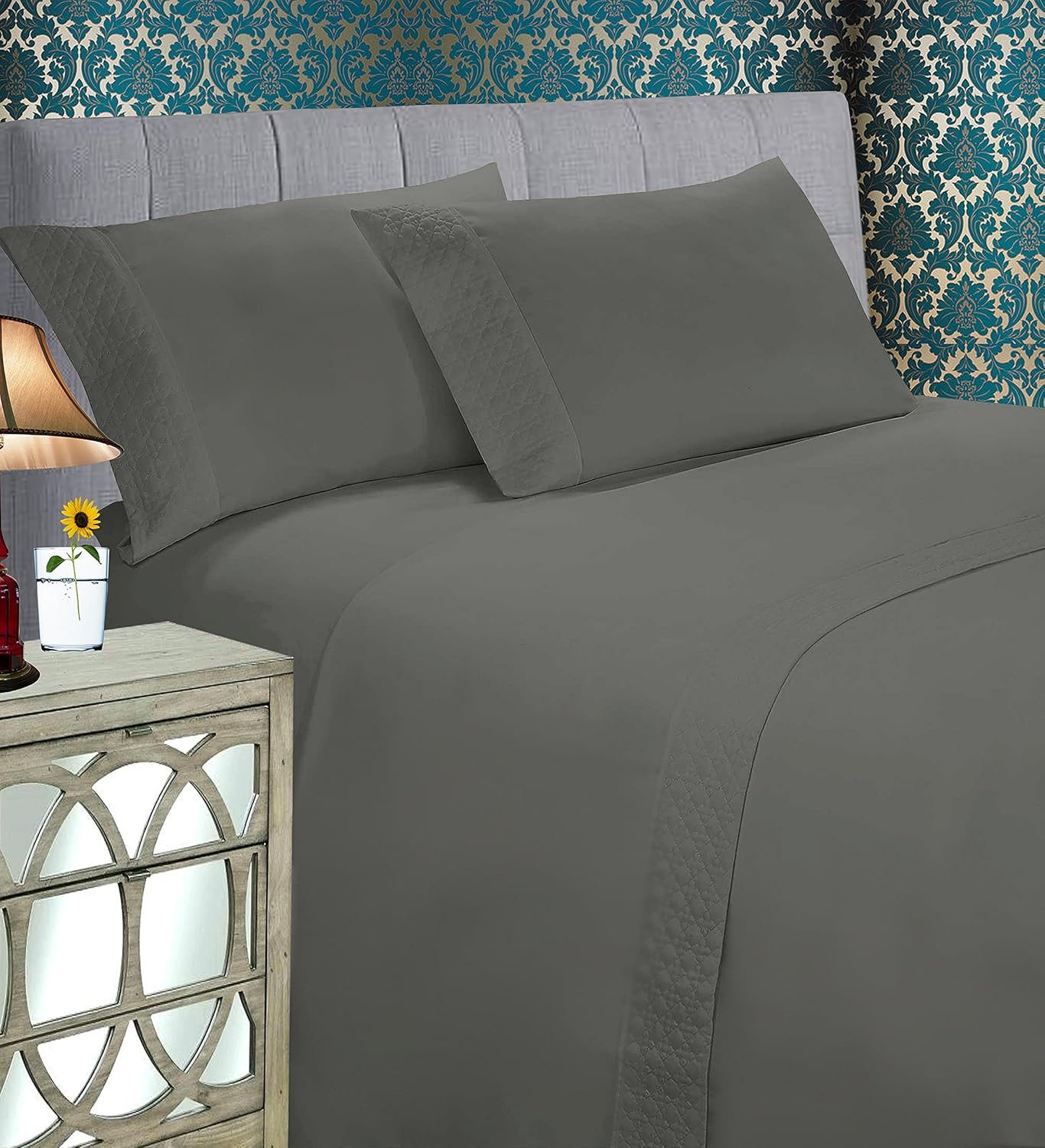 Elegant Comfort Luxury Best, Soft Coziest 4-Piece Bed Sheet Set! 1500 Premier Hotel Quality | Quilted Design on Flat Sheet and Pillowcases | Wrinkle Free, 100%, Full, Gray image number 4