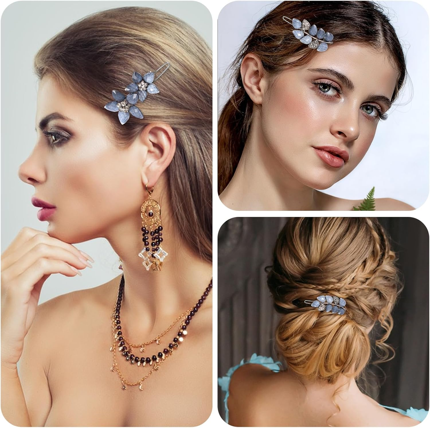 AOZUO 2 Pieces Fancy Hair Clips for Women, Vintage Rhinestone French Hair Clip Blue Crystals Small Flowers Hair Clips Decorative Hair Clips for Wedding Engagement Prom Valentines image number 3