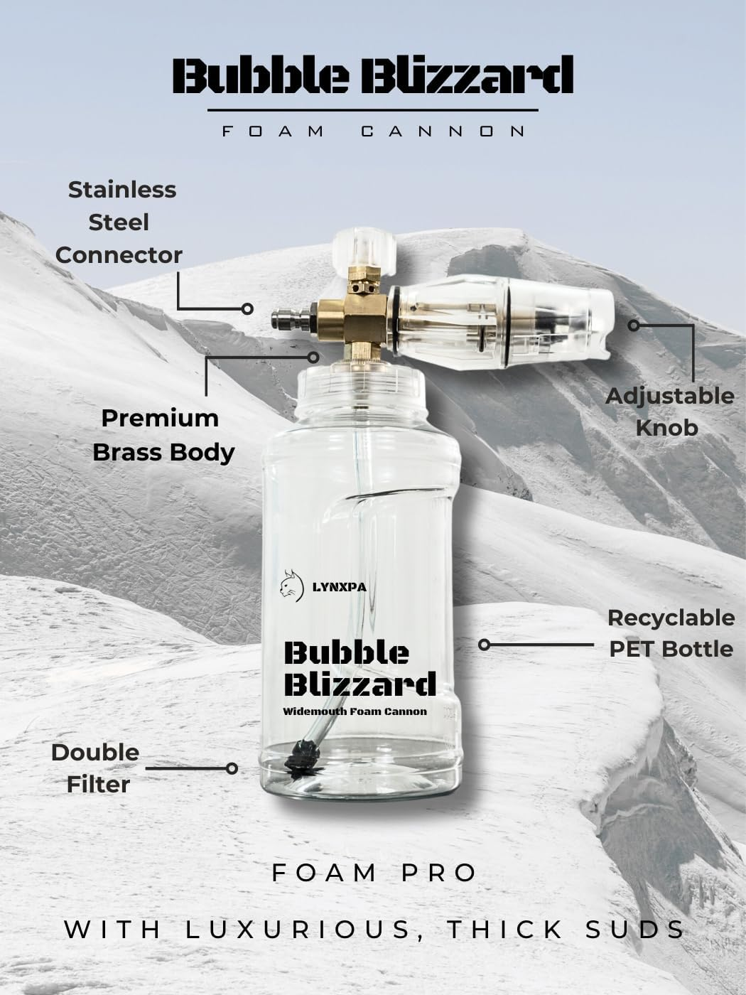 LYNXPA Bubble Blizzard Premium Foam Cannon for Pressure Washer, Wide Mouth, Adjustable Thick Foam Snow Foam Cannon Lance with 1/4 Inch Quick Connector for Car, Boat, and Home Wash, 4000 PSI, 34 Oz image number 3
