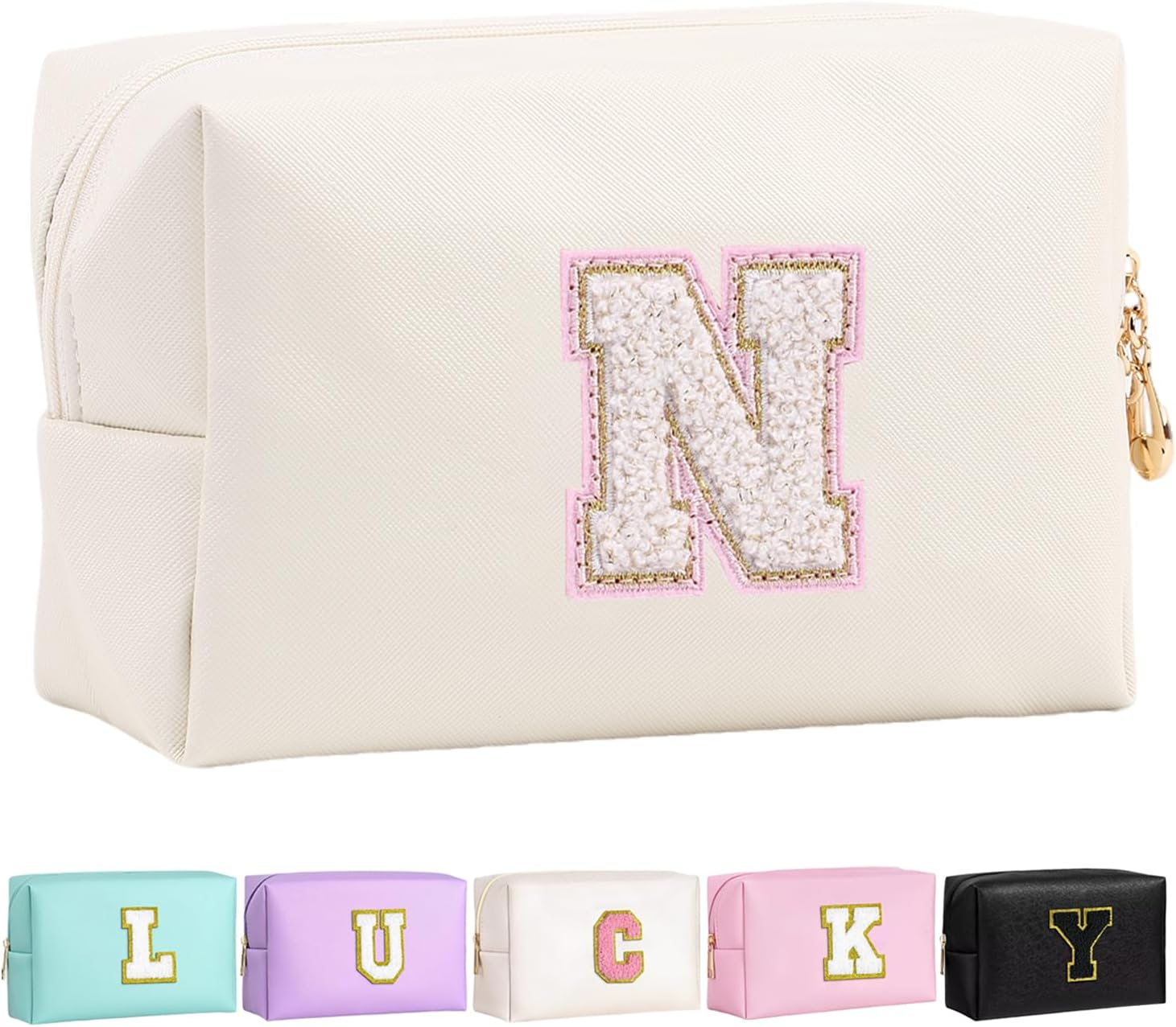 Personalized Initial Makeup Bag Cute Makeup Bag Chenille Letter Waterproof Zipper Cosmetic Bags for Women, Preppy Makeup Pouch Travel Toiletry Bag Organizer Birthday Gift for Girls, Beige-Pink, N image number 7